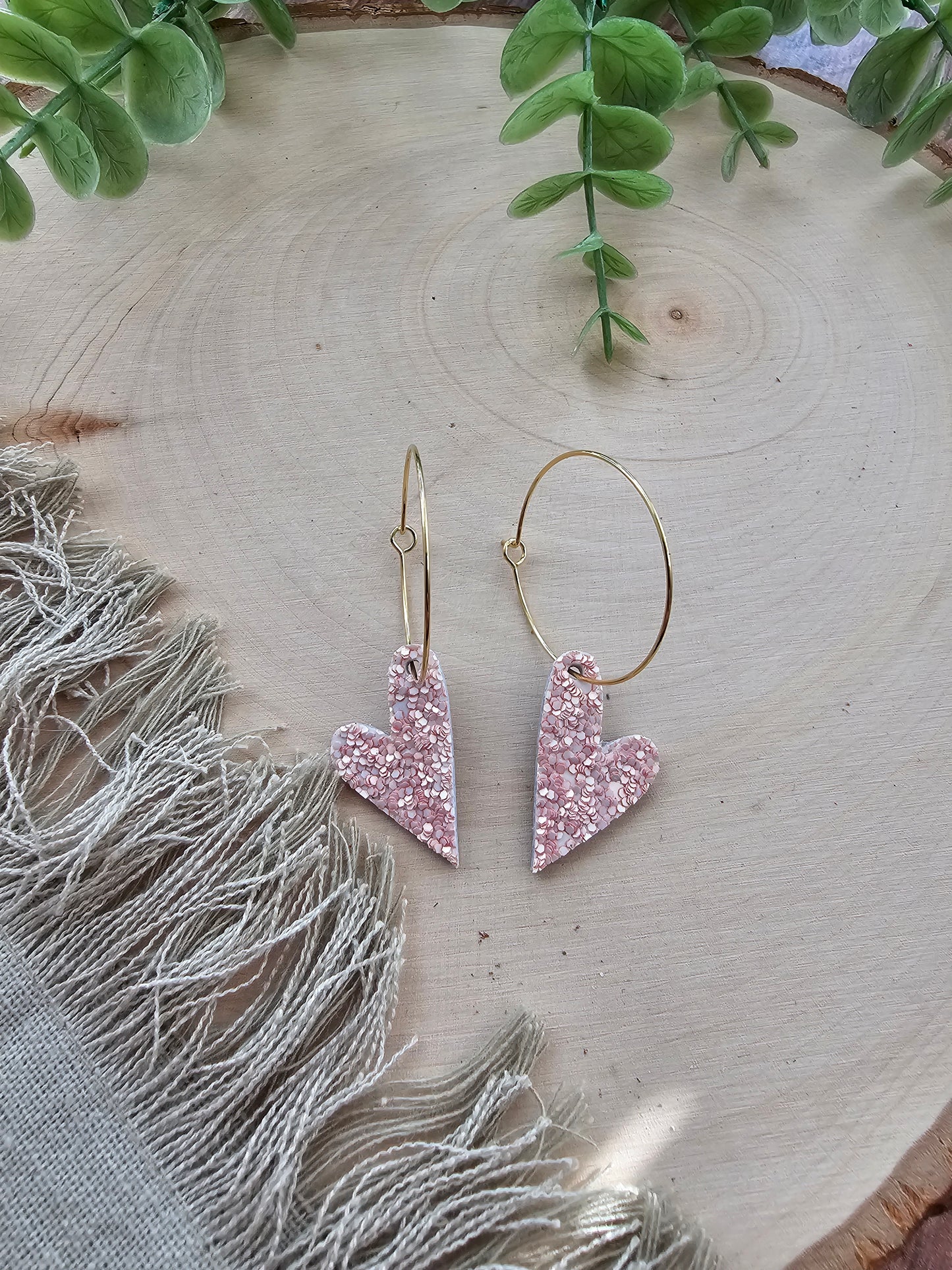 Soft Pink Glitter Tiny Heart Hoop Earrings