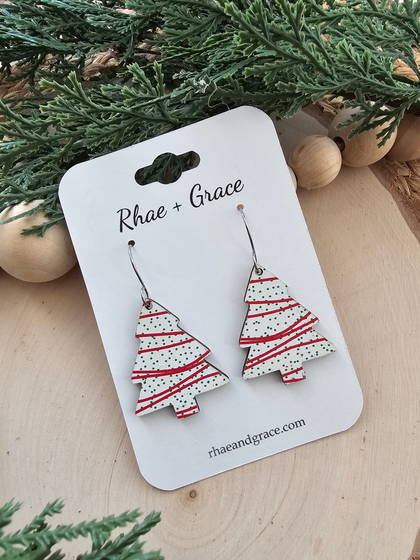 Christmas Tree Cake Wood Dangle Earrings