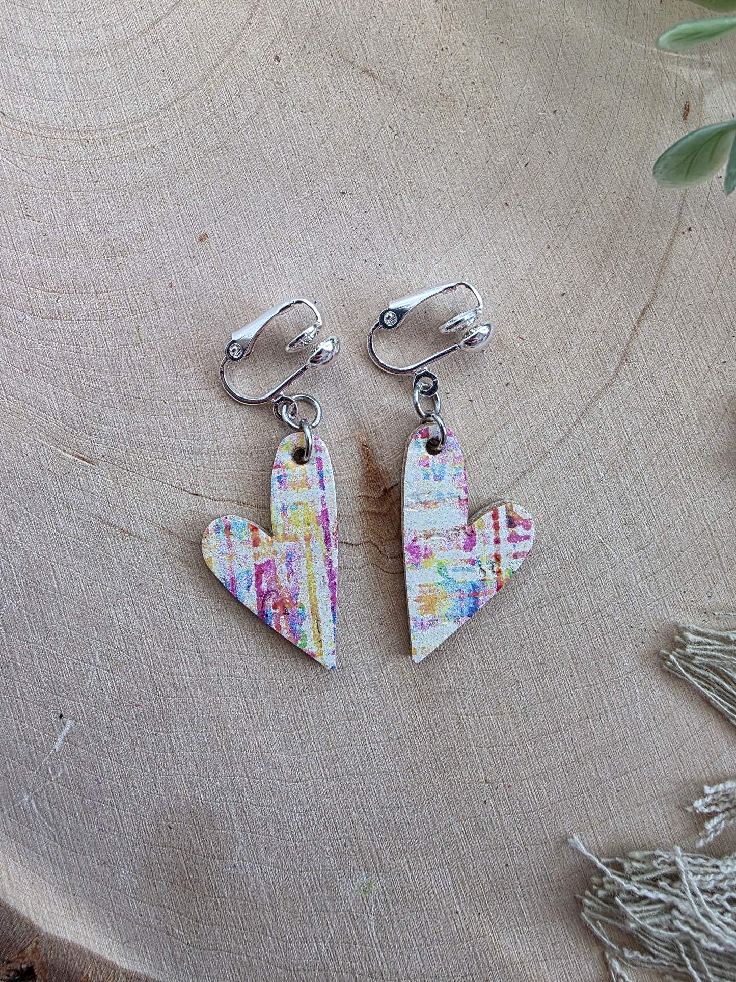 Watercolor Heart Clip On Earrings