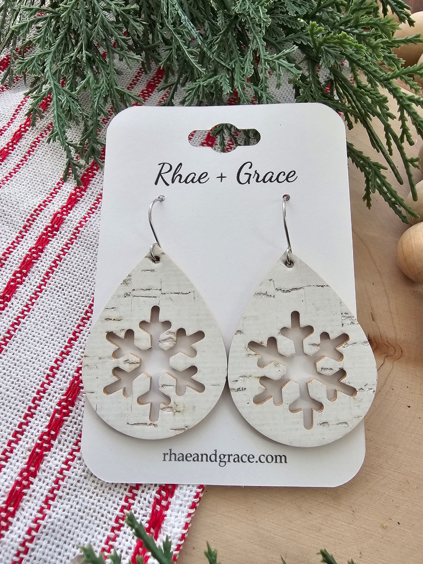 White Birch Snowflake Cutout Teardrop Earrings