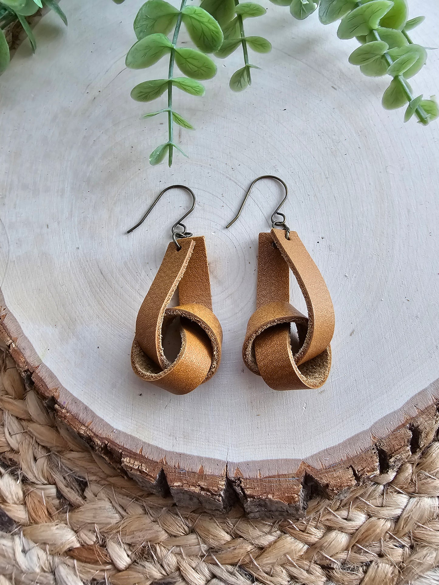 Honey Brown Wide Leather Knot Earrings