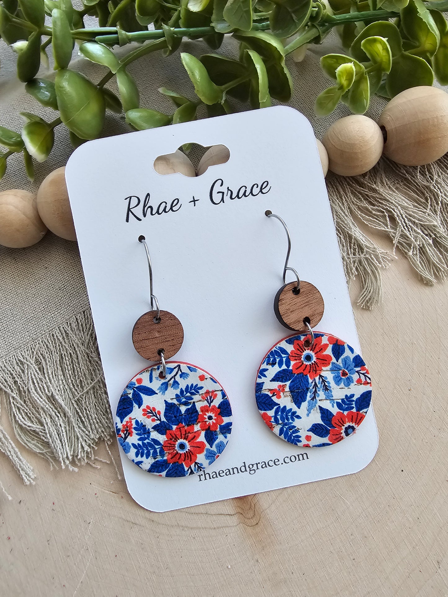 Red, White & Blue Floral Circle Drop Earrings