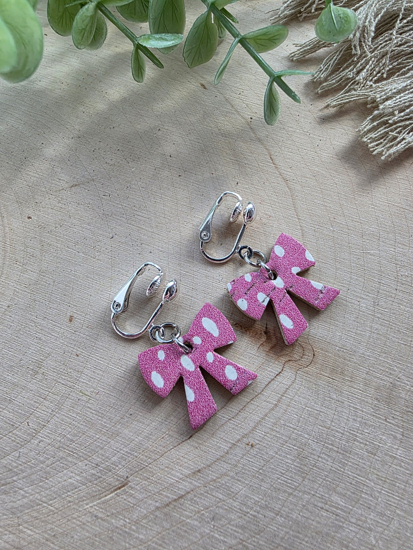 Pink Dotted Bow Clip On Earrings