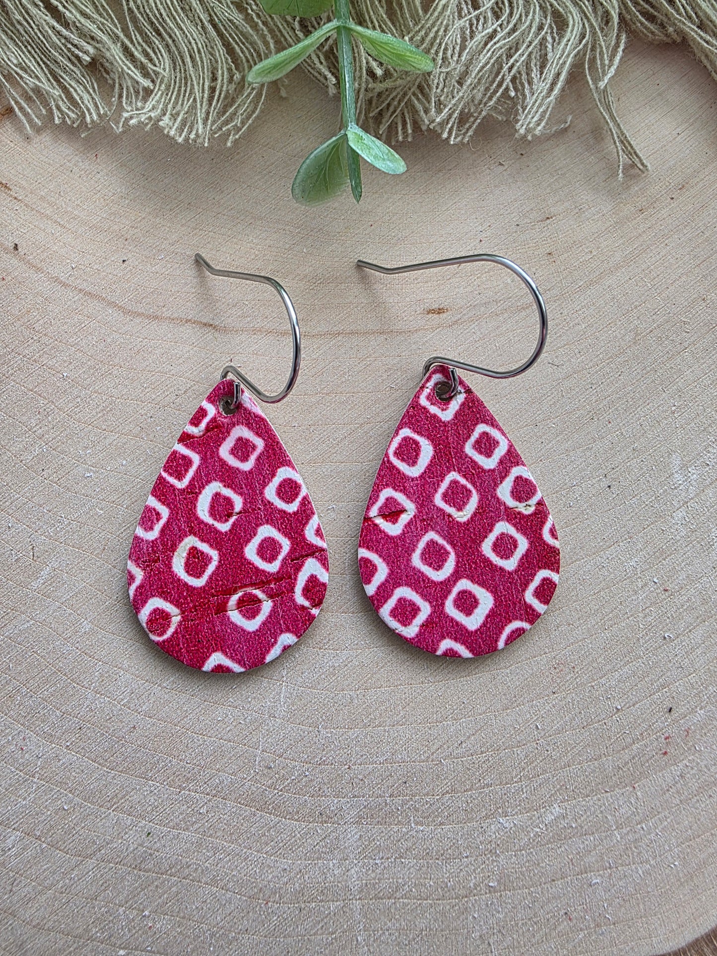Cherry Red & White Teardrop Earrings - Small