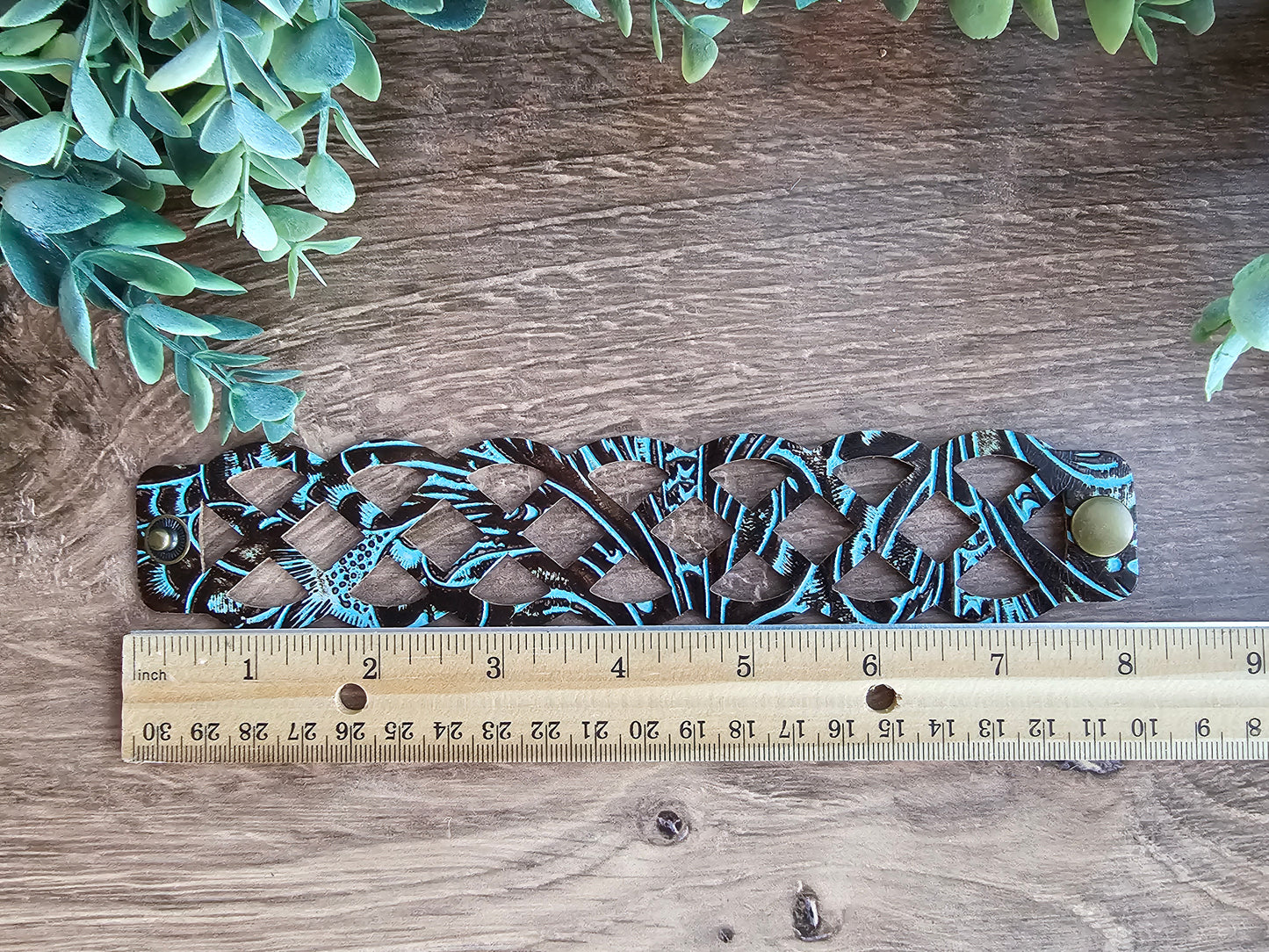 Turquoise & Brown Tooled Lattice Leather Bracelet