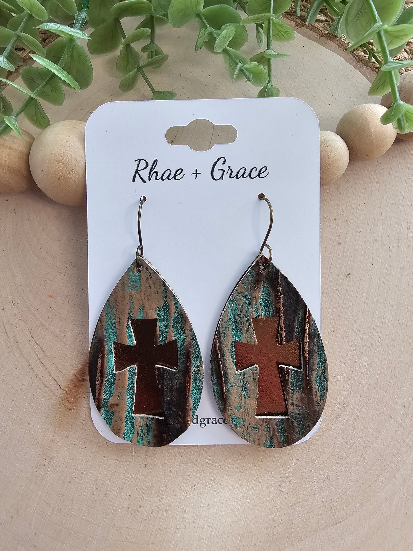 Rustic Teal Beachwood & Bronze Layered Cross Teardrop Earrings