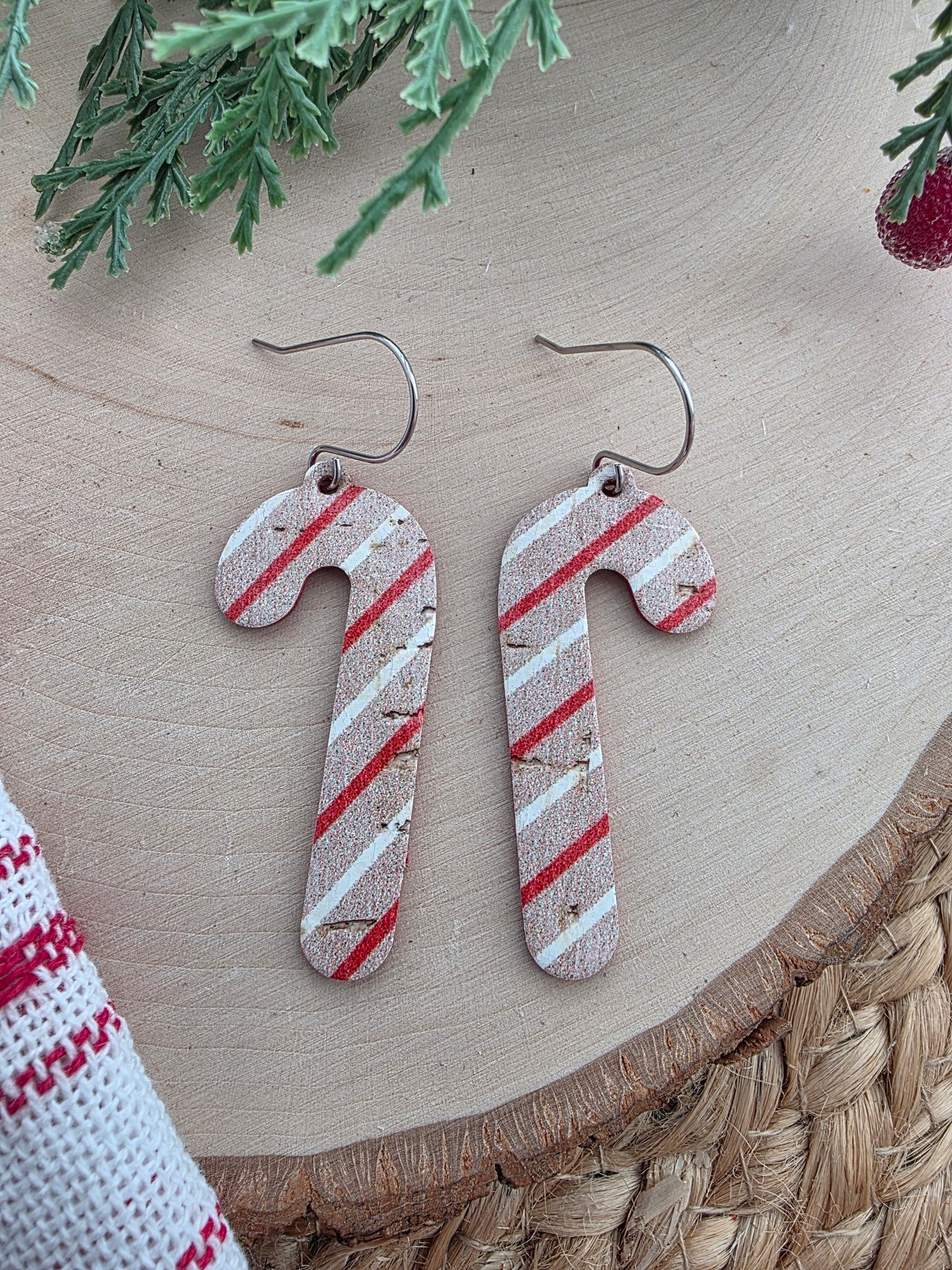 Rustic Striped Candy Cane Glitter Earrings