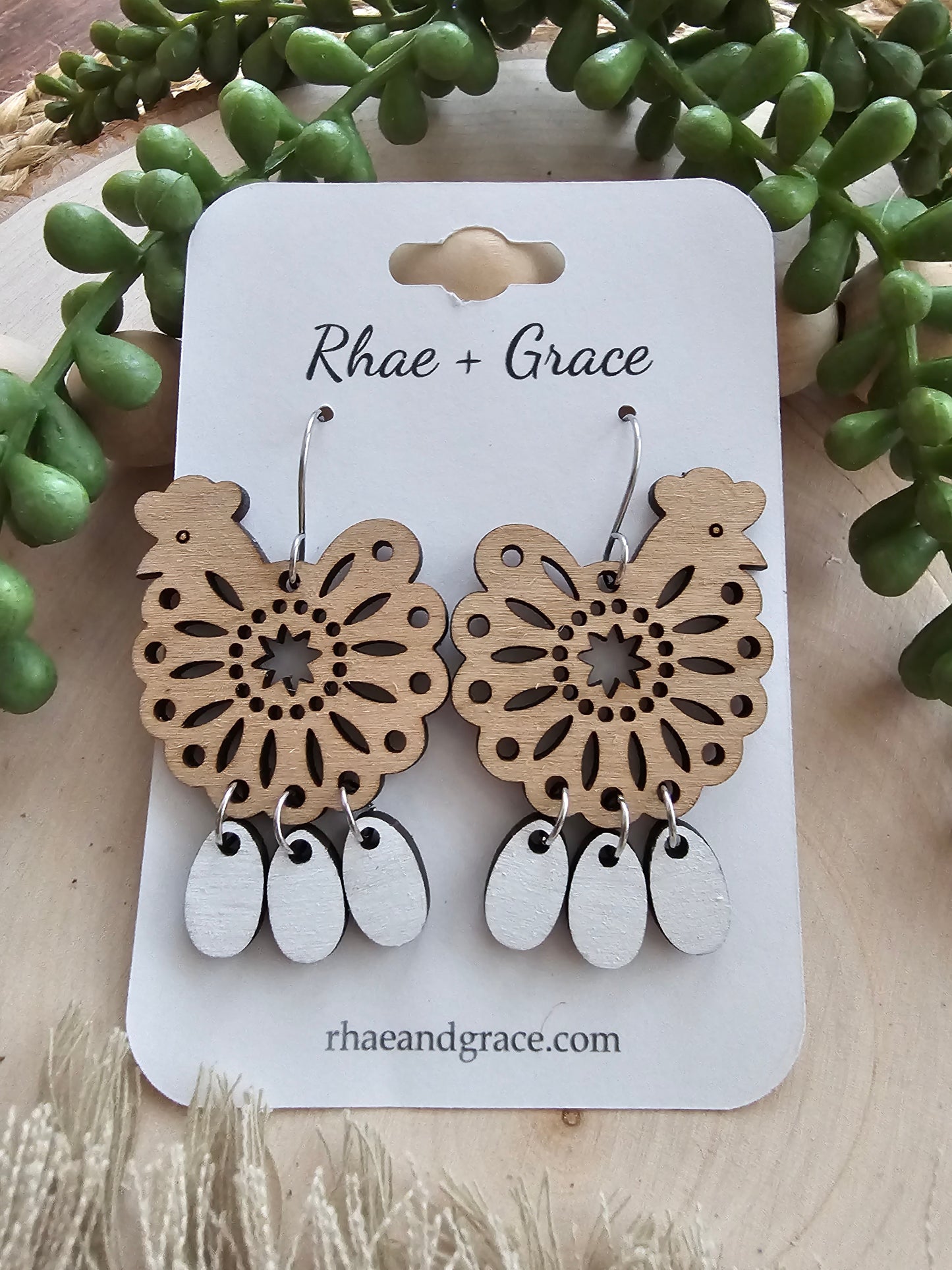 Country Chicken on Eggs Wood Earrings