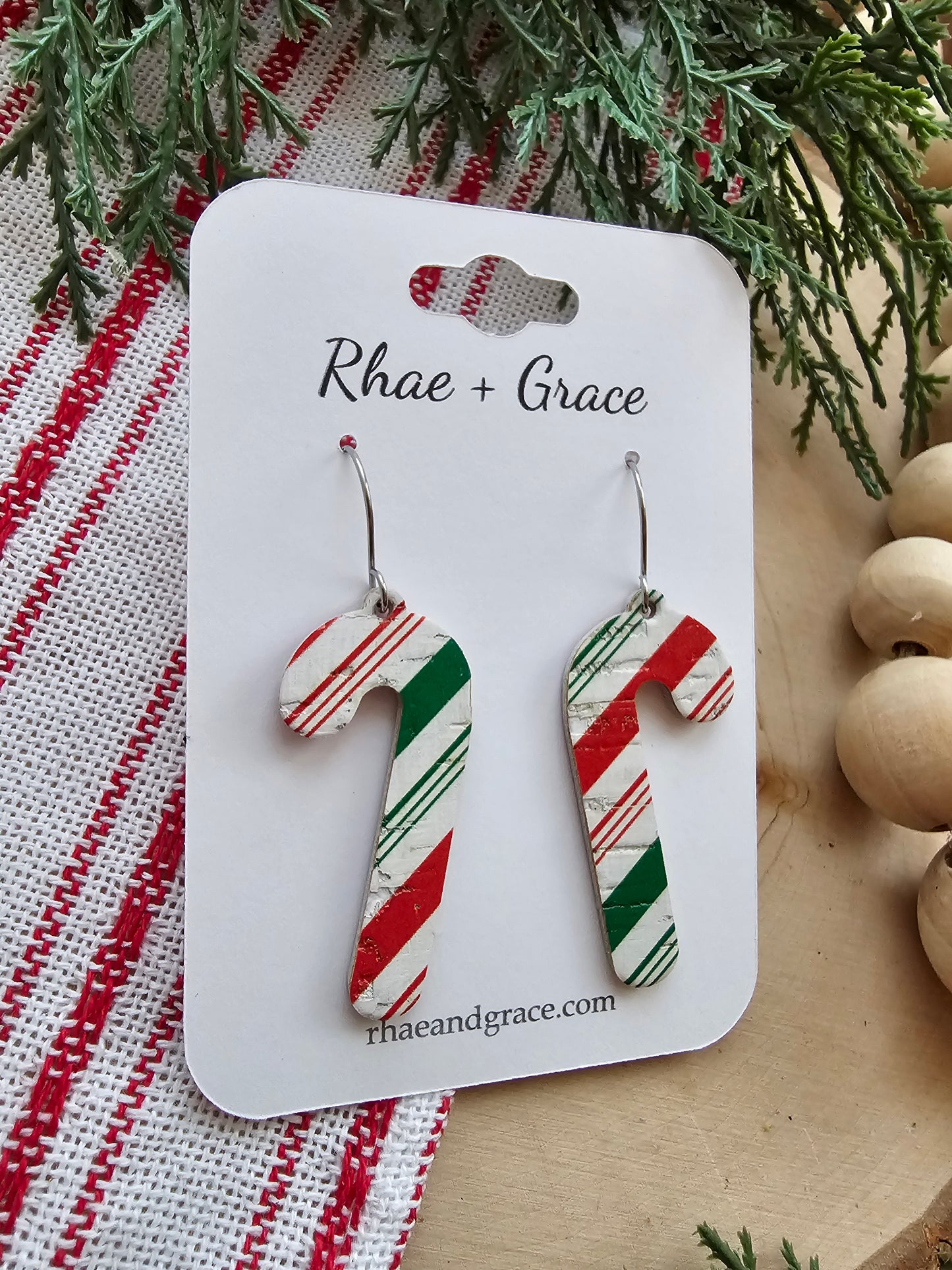 Green & Red Striped Candycane Earrings