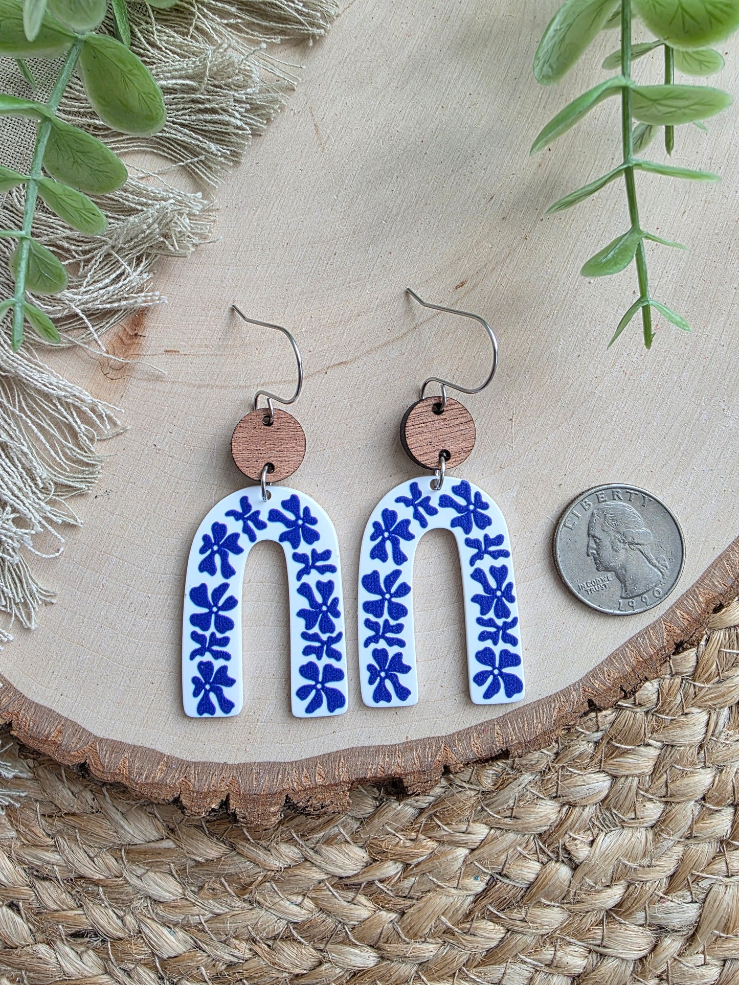 Blue & White Floral Acrylic Arch Earrings