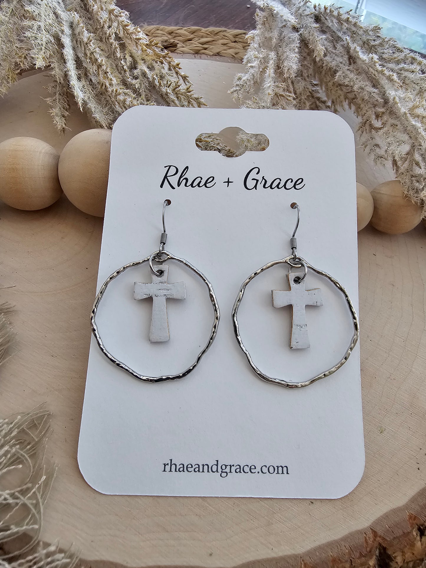 White & Siver Dainty Round Cross Earrings