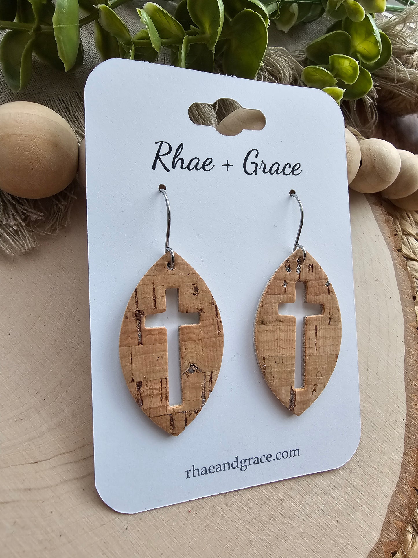 Natural Cork & Silver Cross Cutout Leaf Earrings