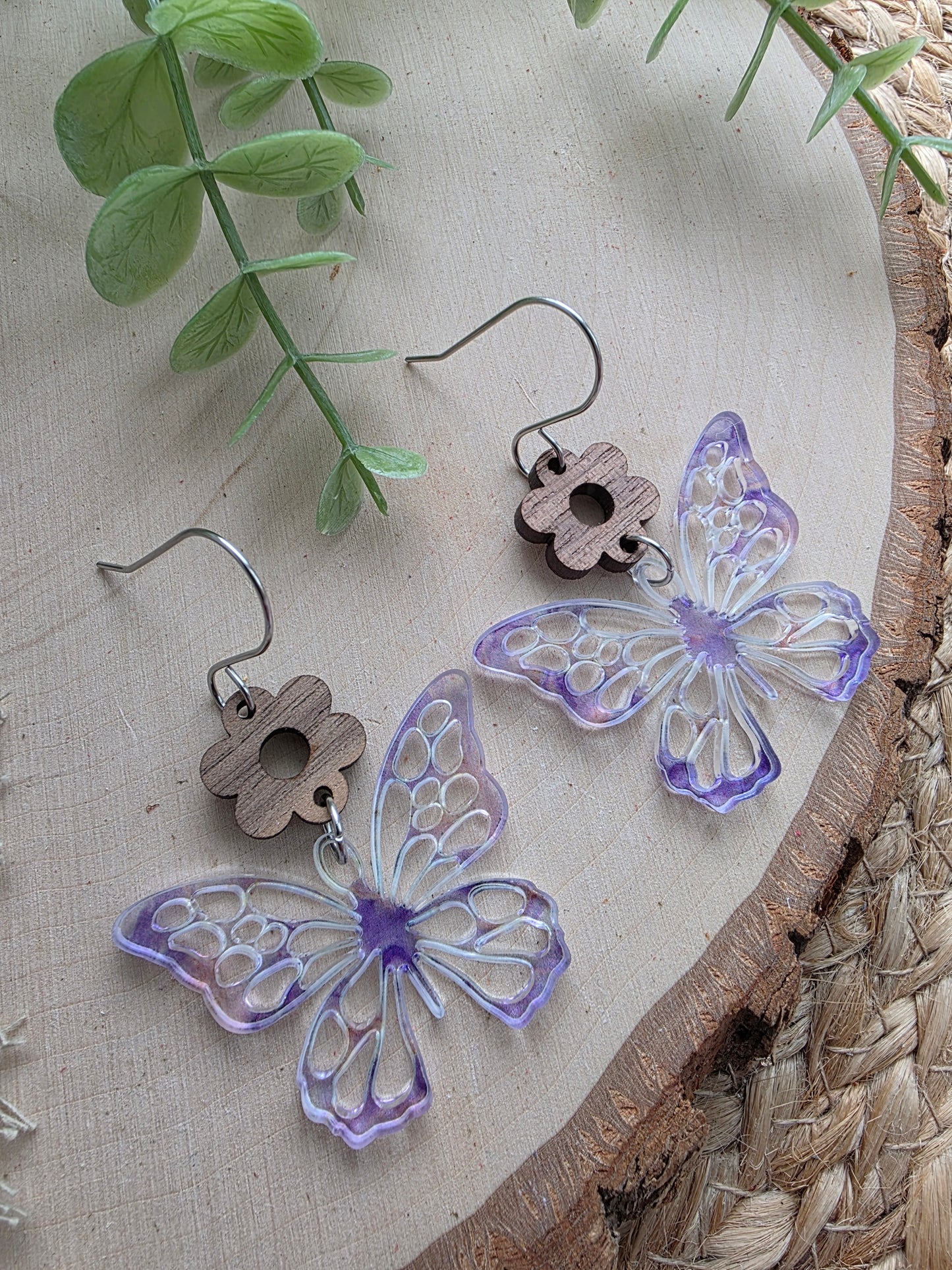 Purple Butterfly Acrylic & Wood Earrings