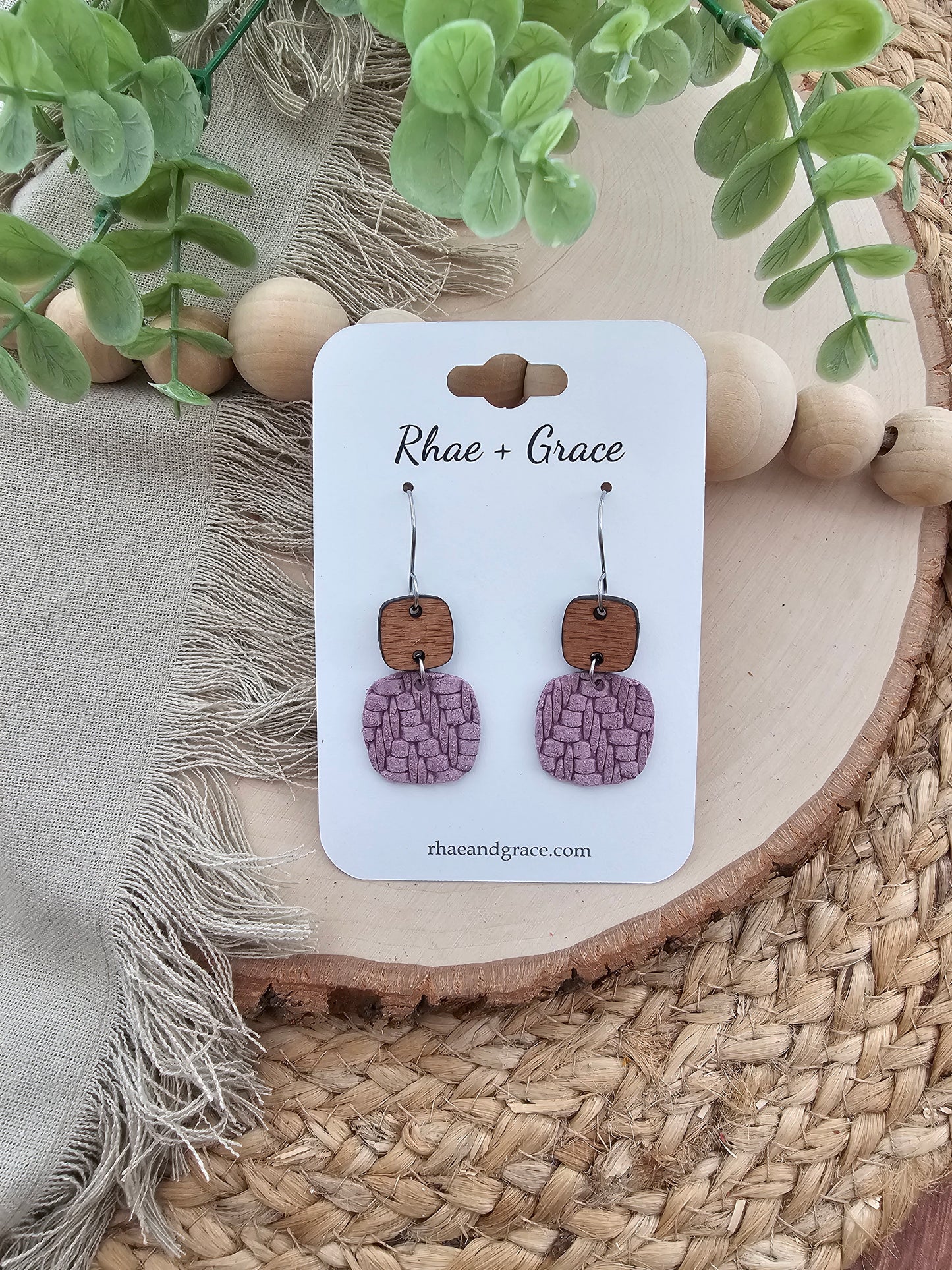 Lavender Purple Knit Embossed Braid Rounded Square Earrings