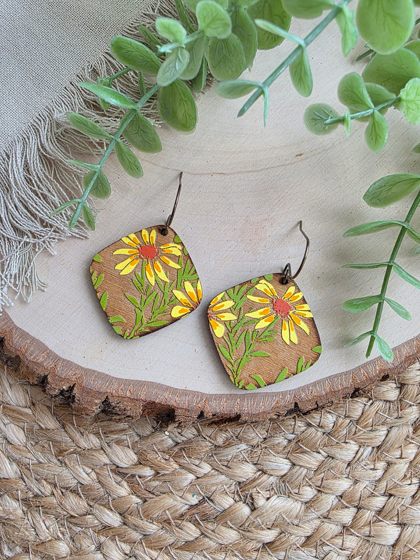 Handpainted Floral Wood Earrings