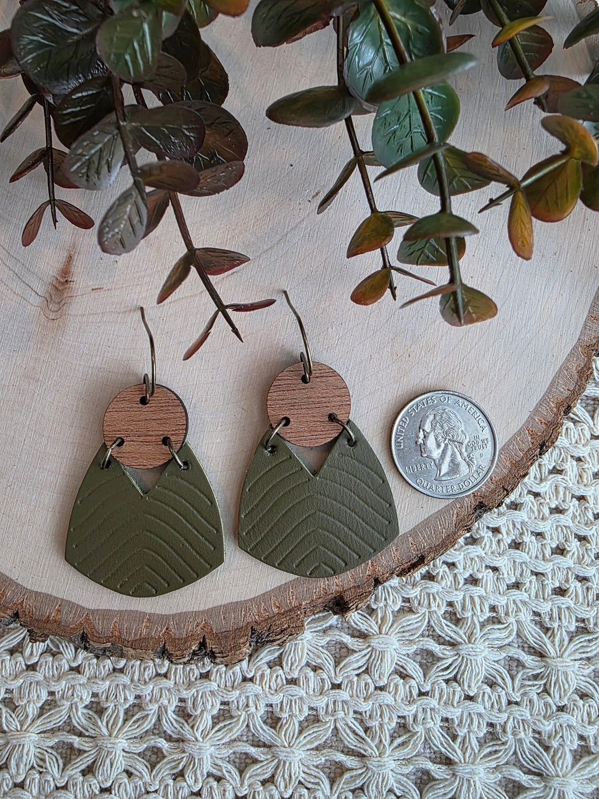 Geometric Boho Embossed Chevron Earrings - Olive Green