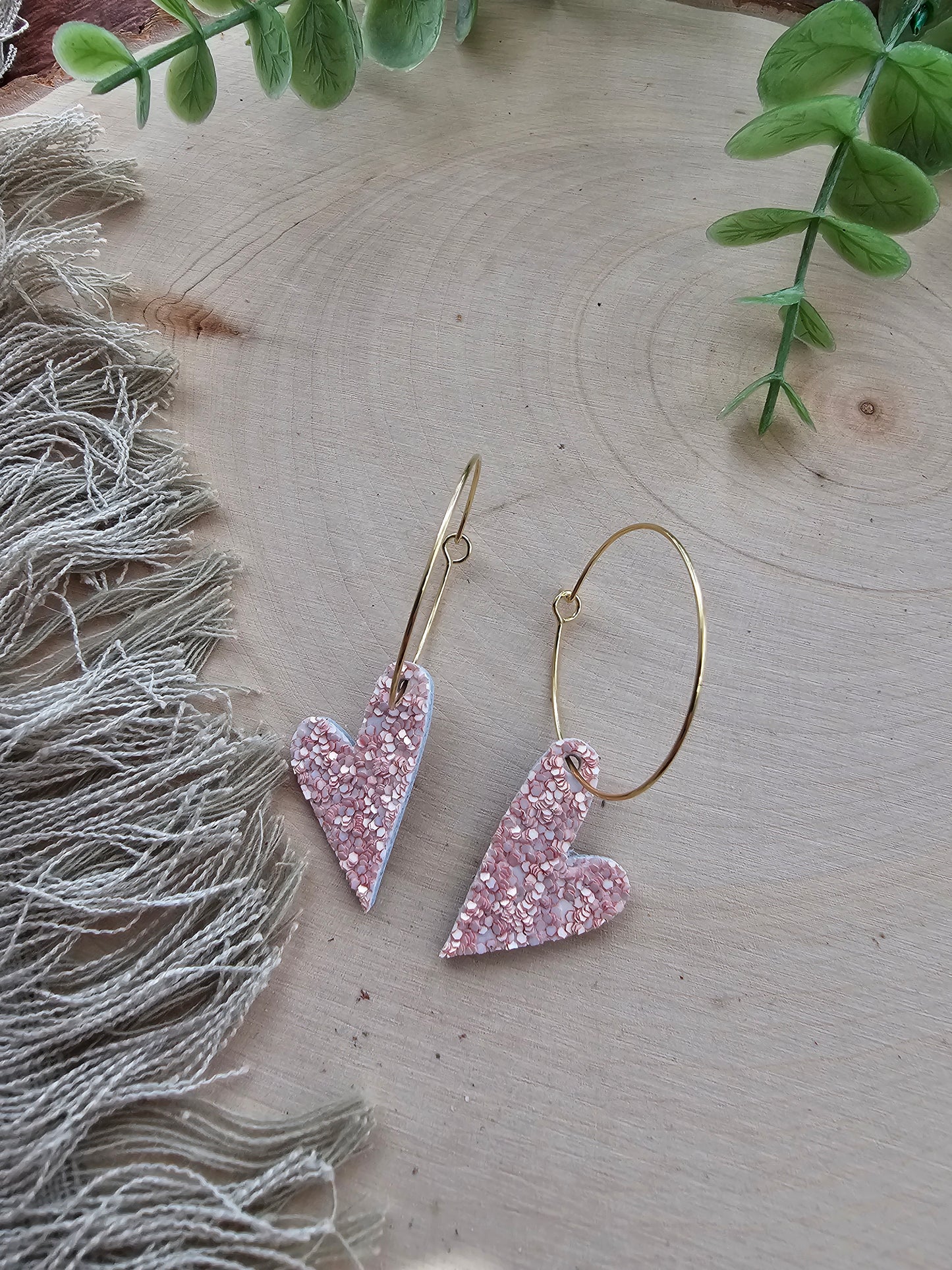 Soft Pink Glitter Tiny Heart Hoop Earrings