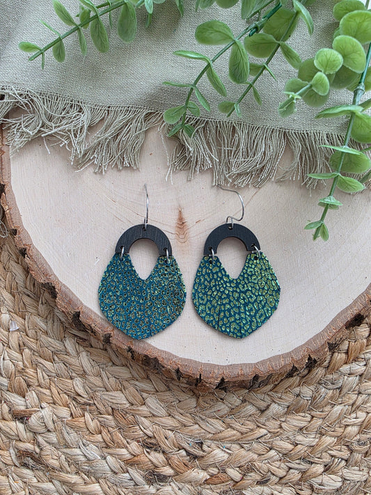 Metallic Teal Micro-Leopard Print Fringe Swoop Earrings