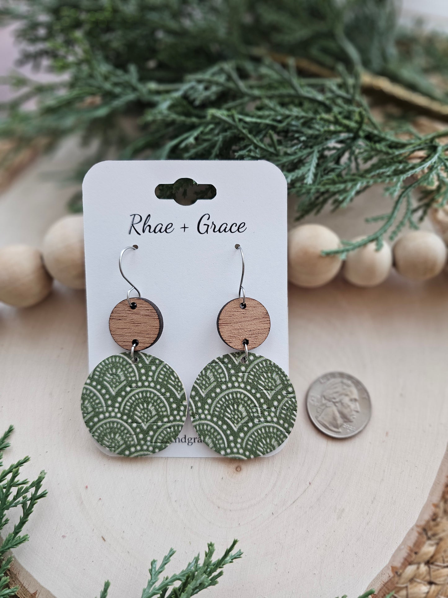 Kale Green Boho Arches Large Circle Drop Earrings