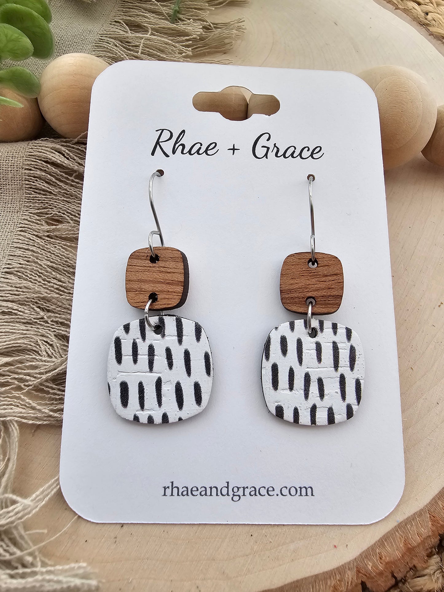 Black & White Dashes Rounded Square Earrings