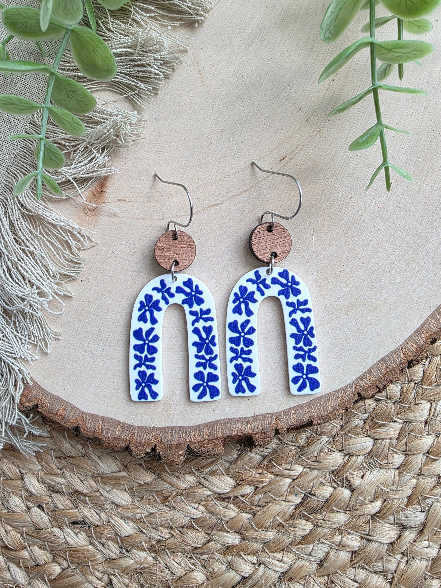 Blue & White Floral Acrylic Arch Earrings