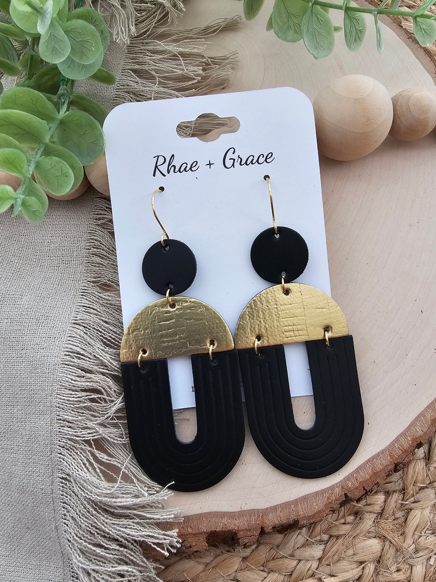 Black & Gold Embossed Extra Large "U" Earrings