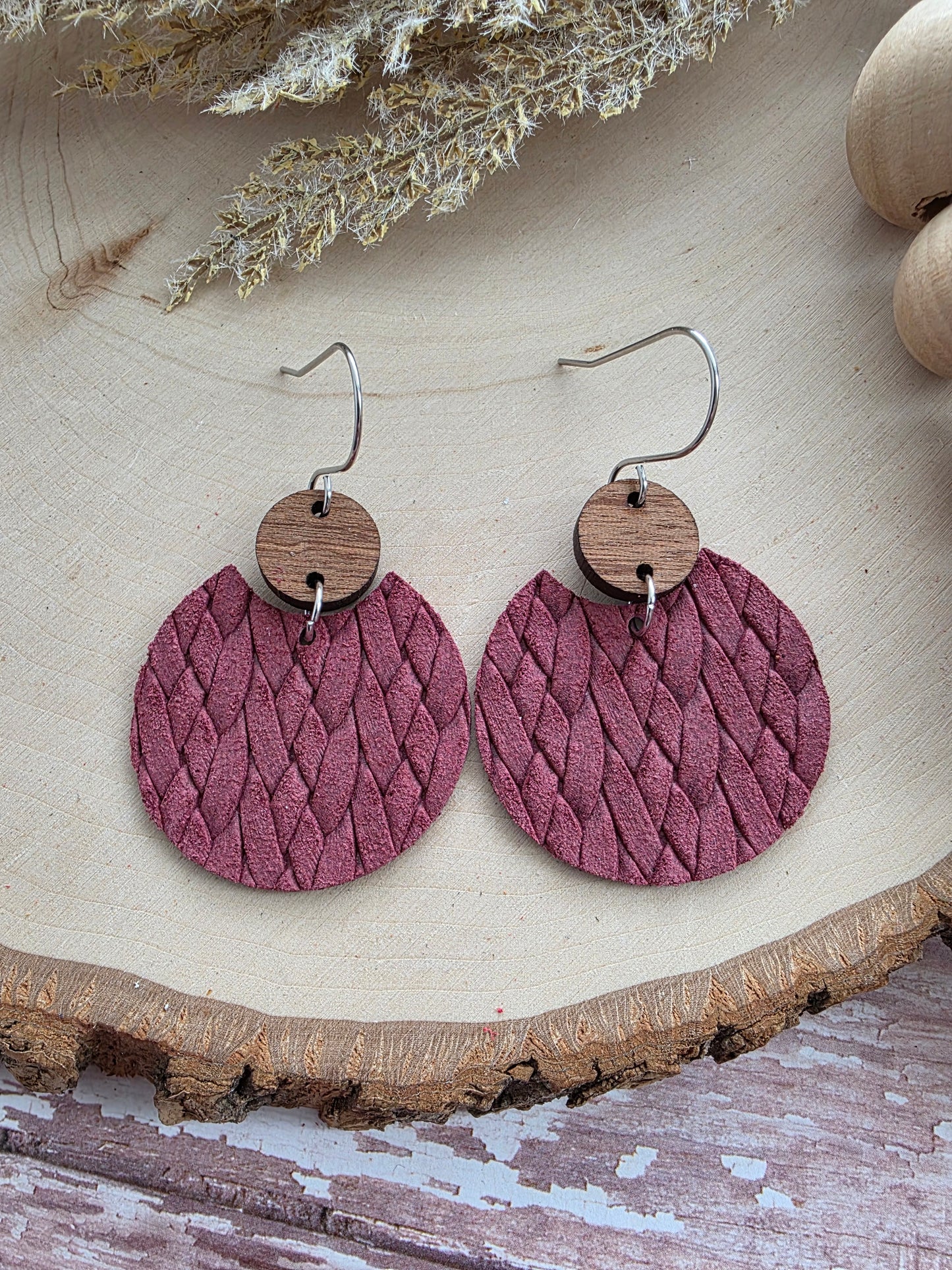 Cranberry Red Braid Circle Earrings