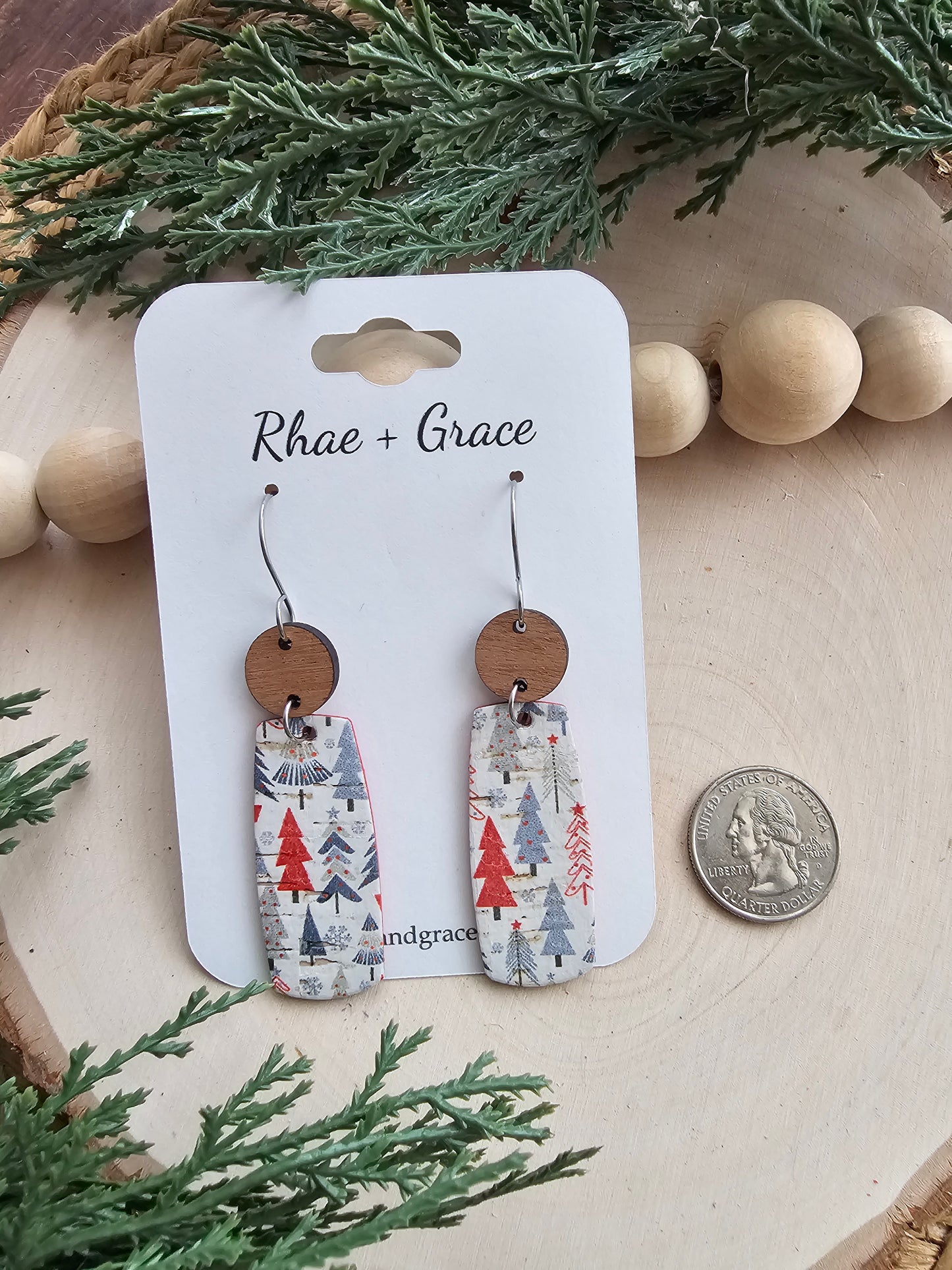 Tiny Holiday Tree Feather Bar Earrings