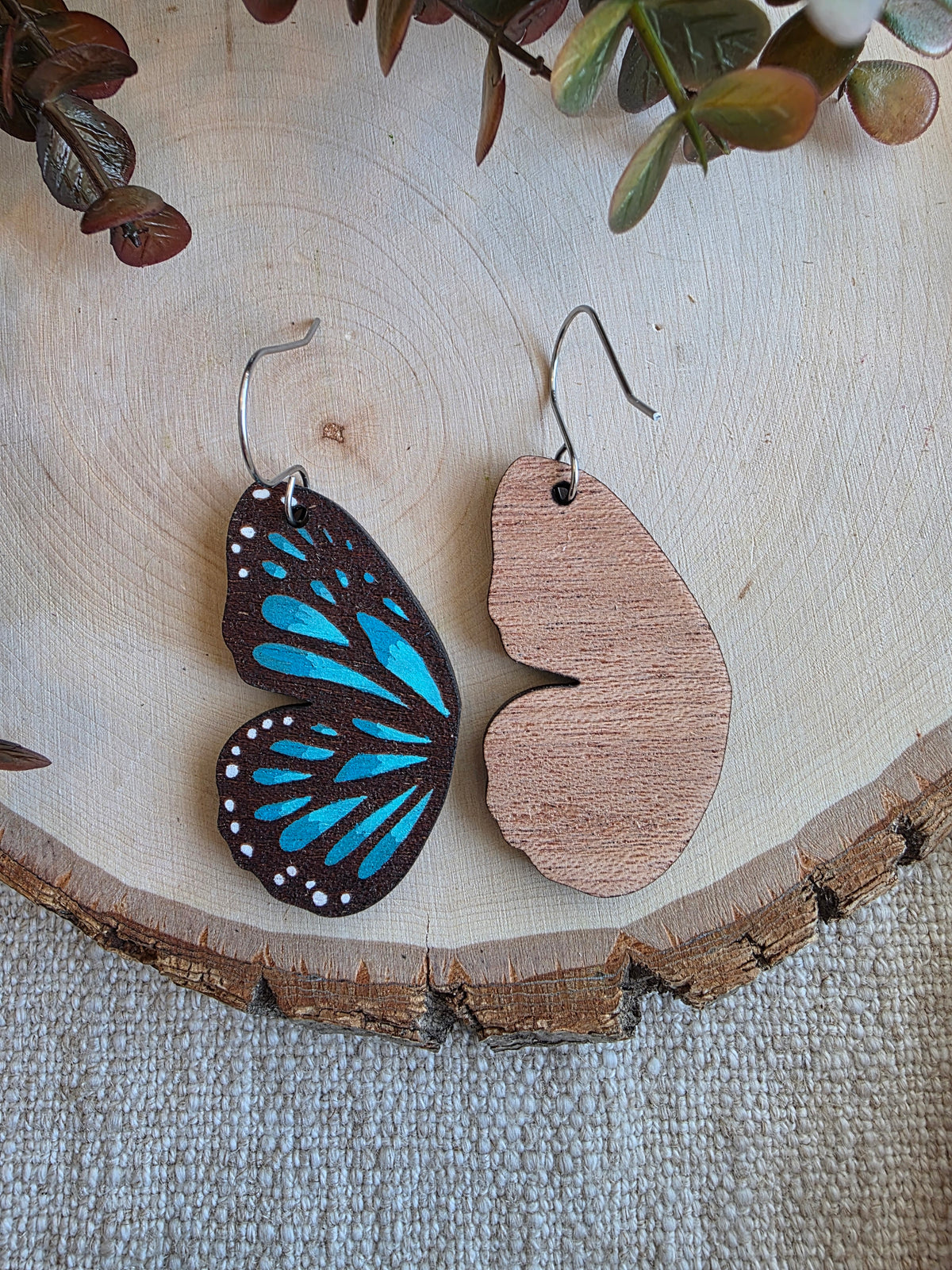 Blue Morpho Butterfly Wing Wood Earrings