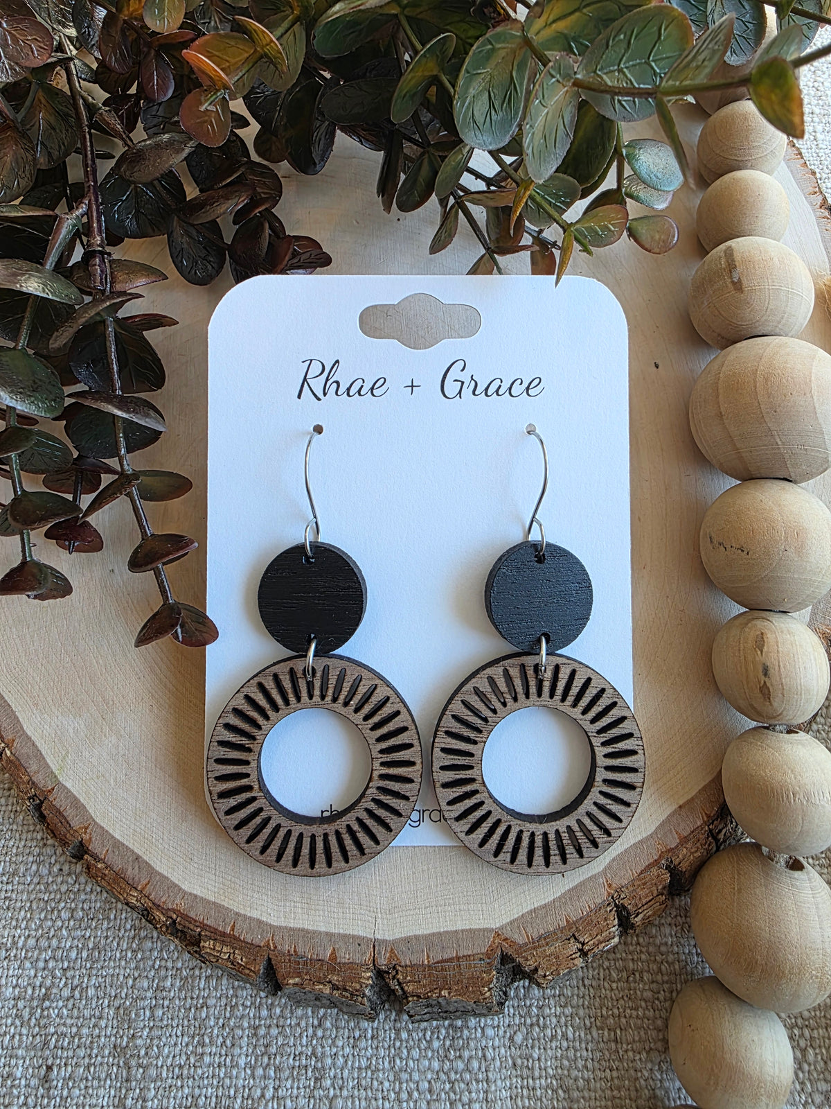 Wood Sunburst Hoop Earrings