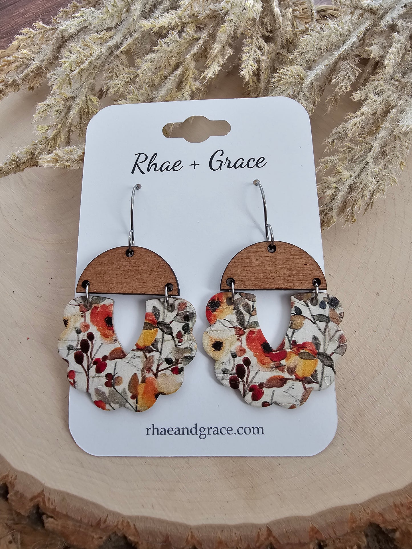 Autumn Watercolor Floral Scallop Earrings