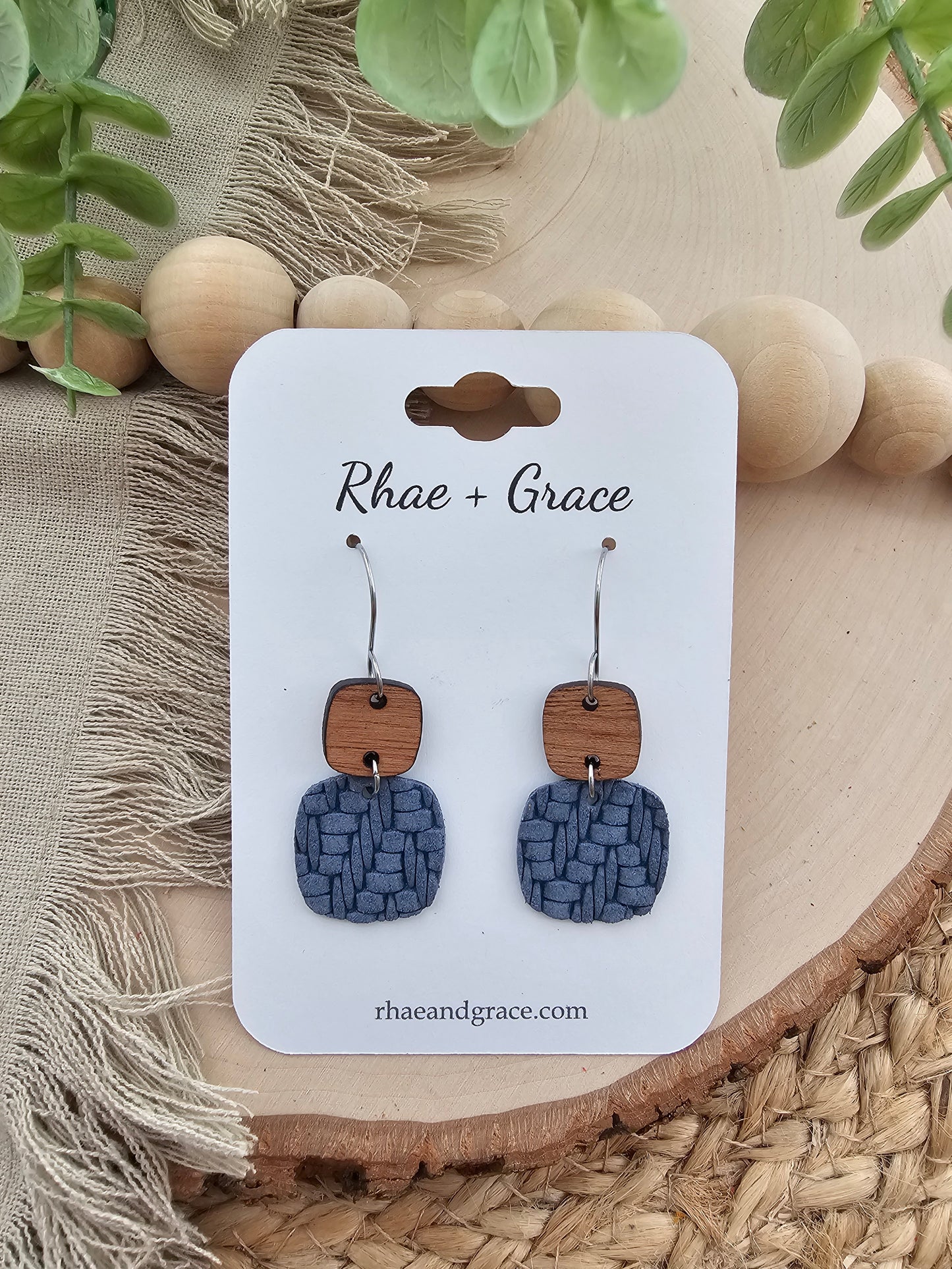 Denim Blue Knit Embossed Braid Rounded Square Earrings