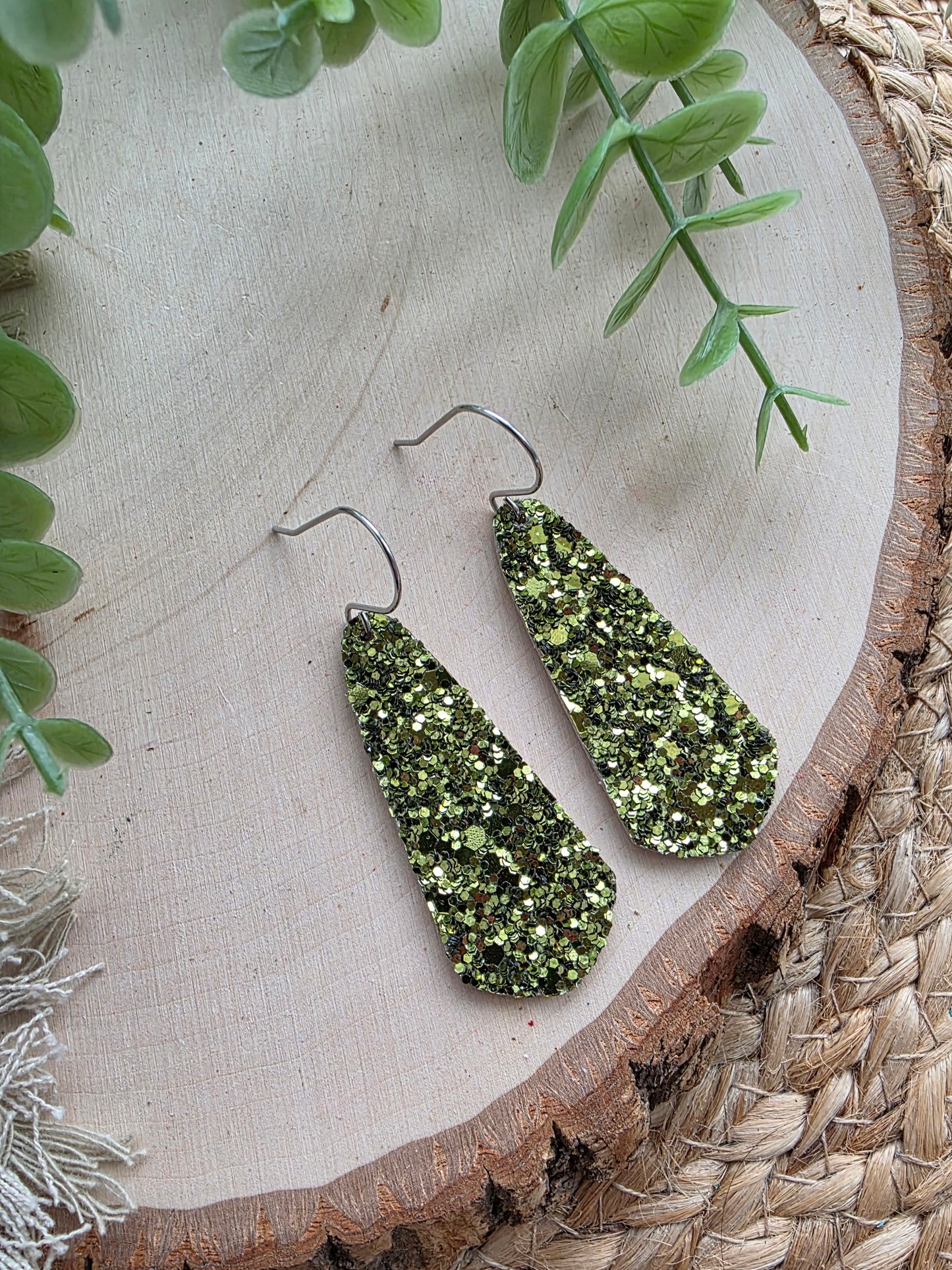 Avocado Green Glitter Skinny Drop Earrings