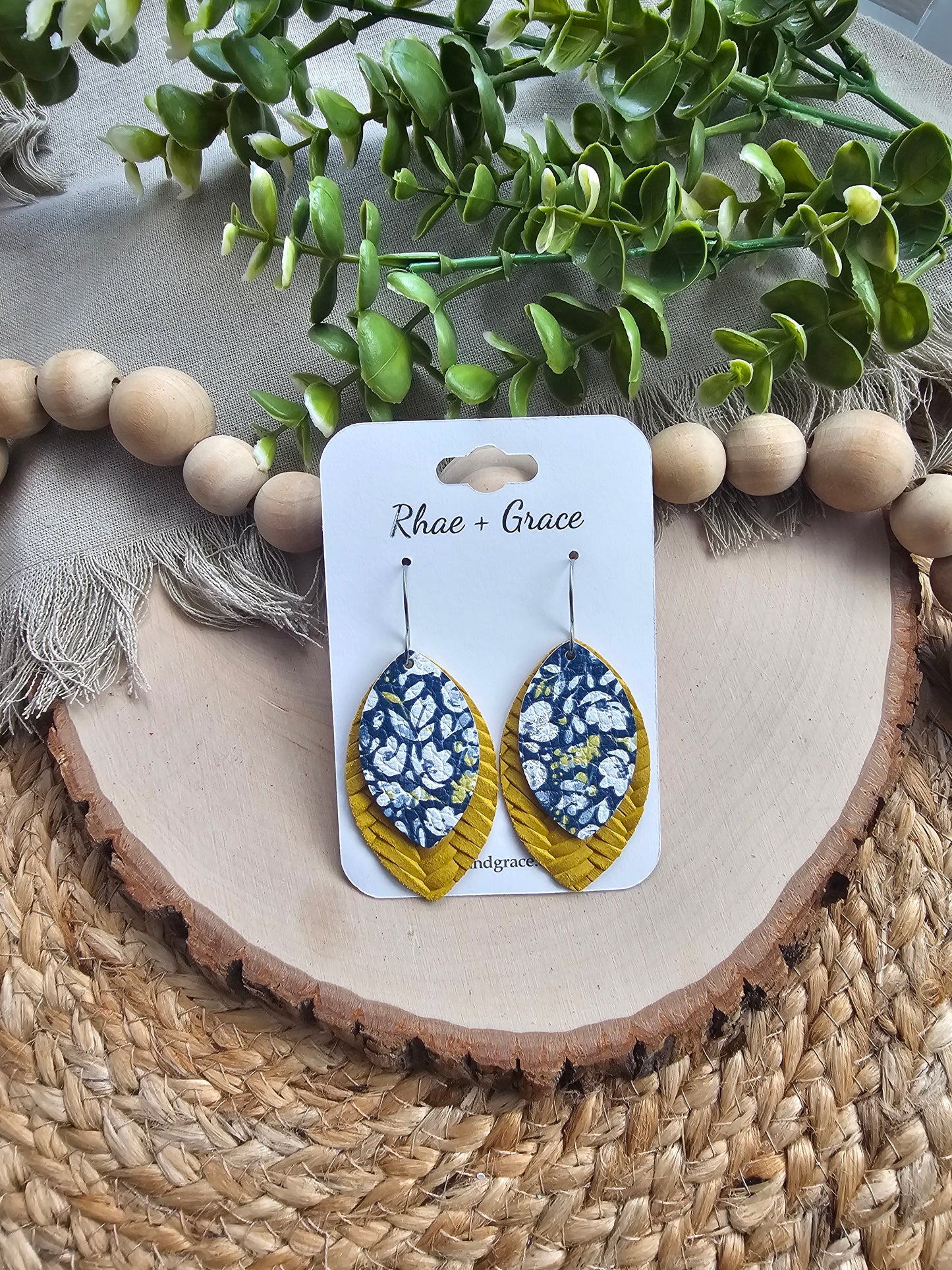 Navy, Mustard & White Poppies Layered Leaf Earrings