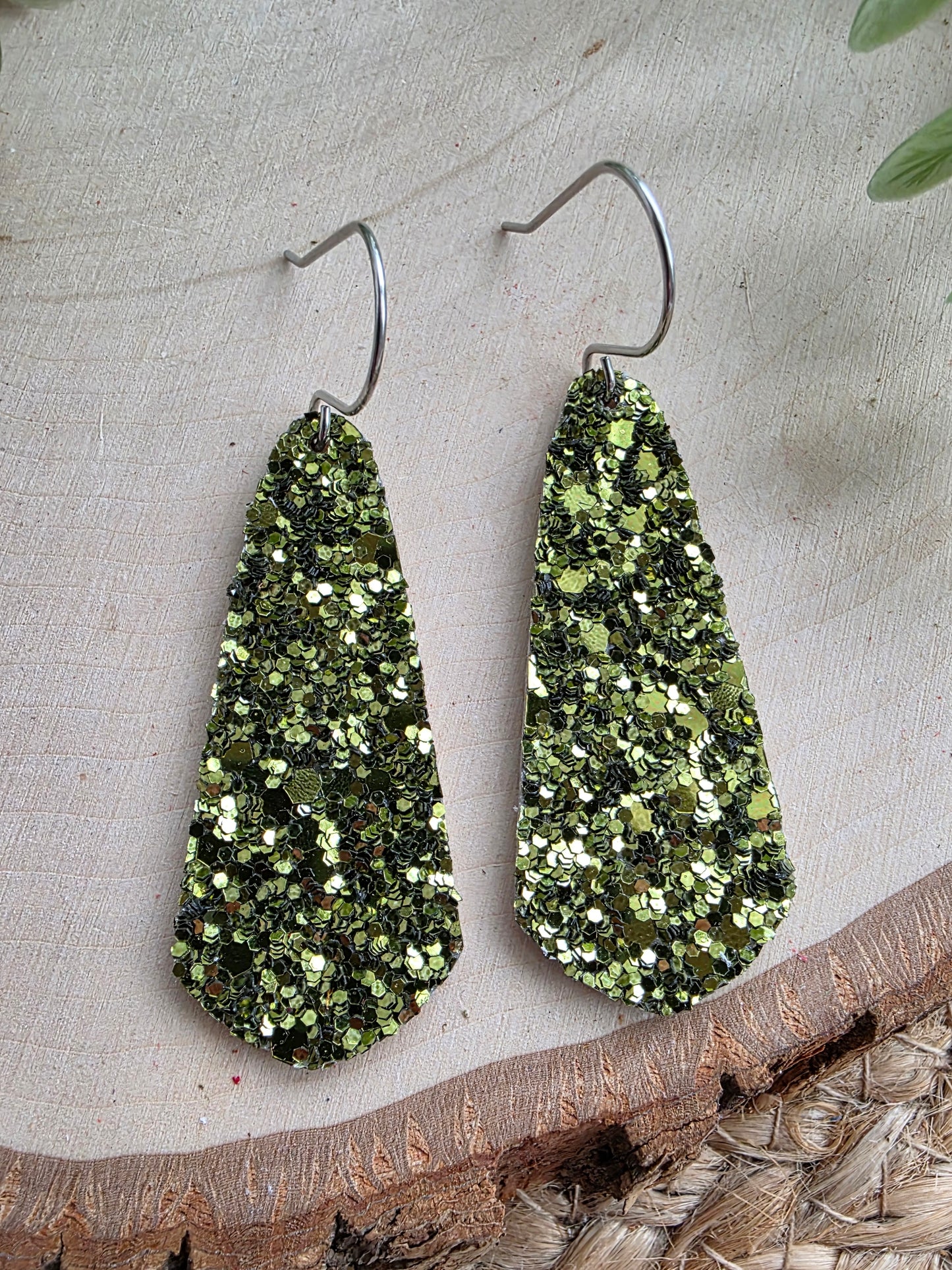 Avocado Green Glitter Skinny Drop Earrings