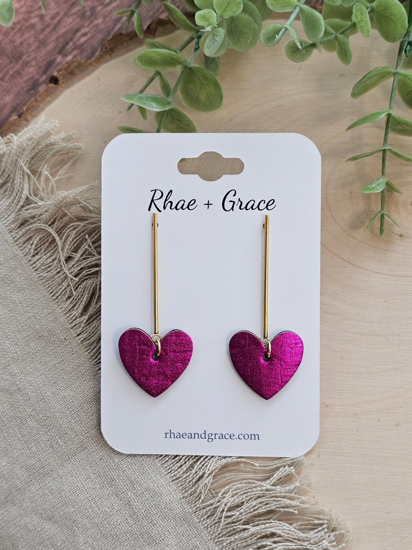 Metallic Fuschia Heart Drop Post Earrings