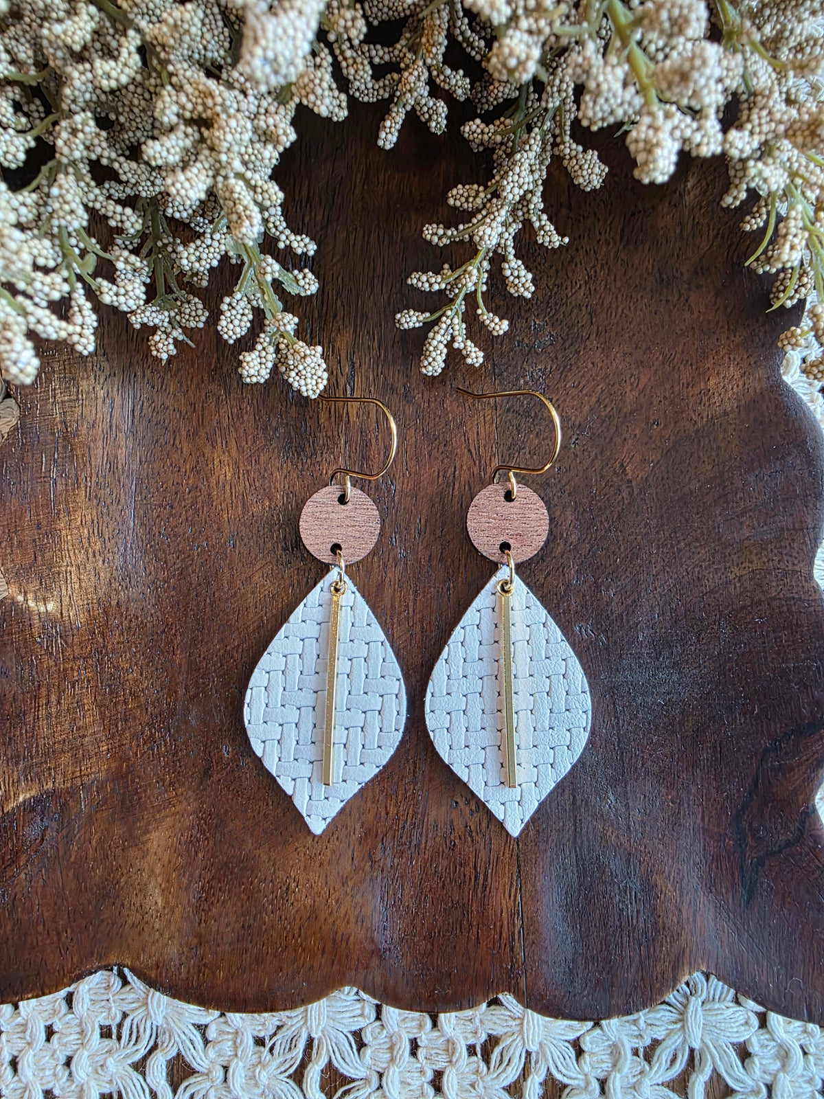 White Woven Pointed Petal Earrings