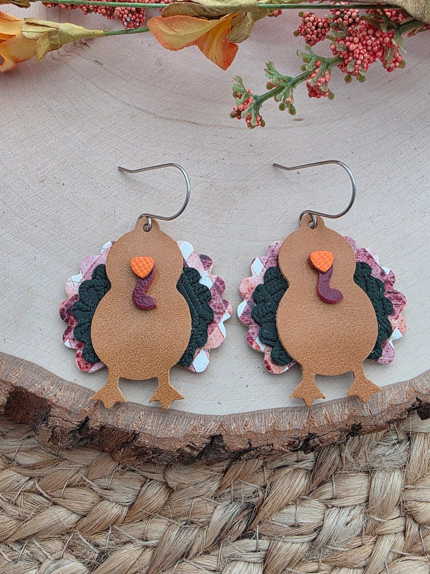 Burgundy Plaid & Green Turkey Earrings