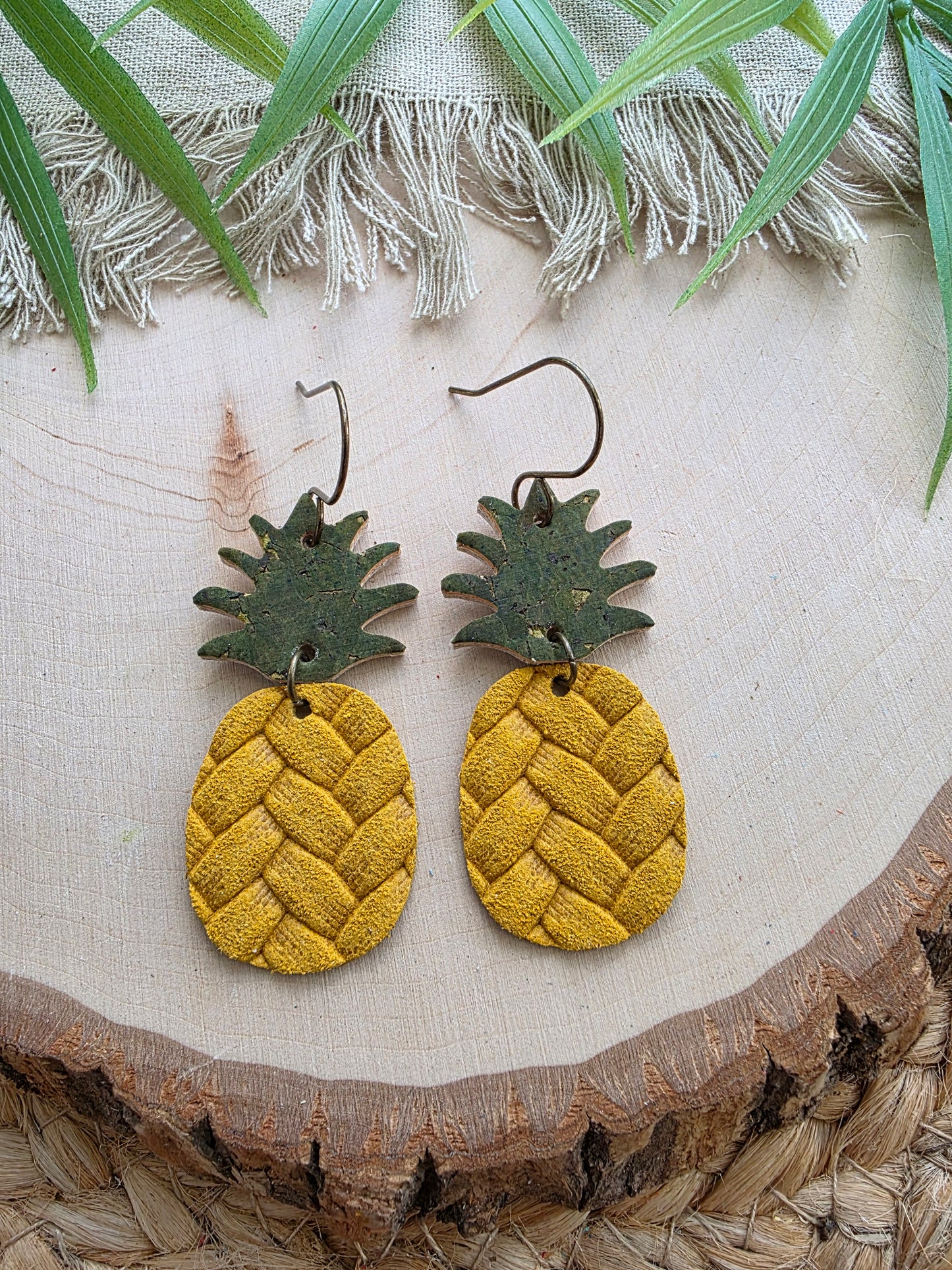 Yellow Embossed Leather Pineapple Earrings