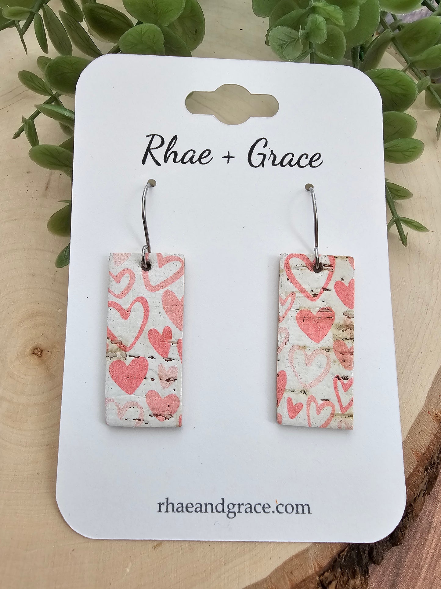 Pink & White Doodle Heart Squared Bar Earrings