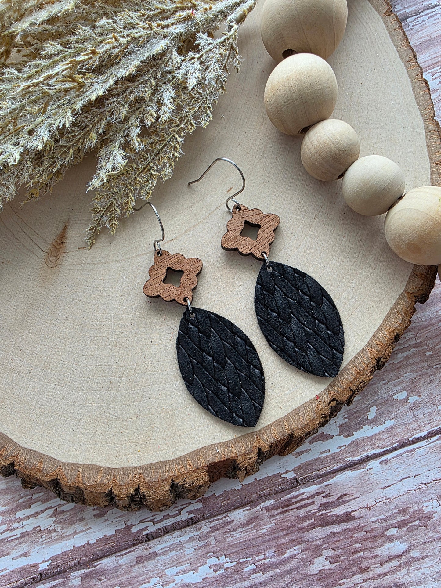 Black Leather Leaf Earrings
