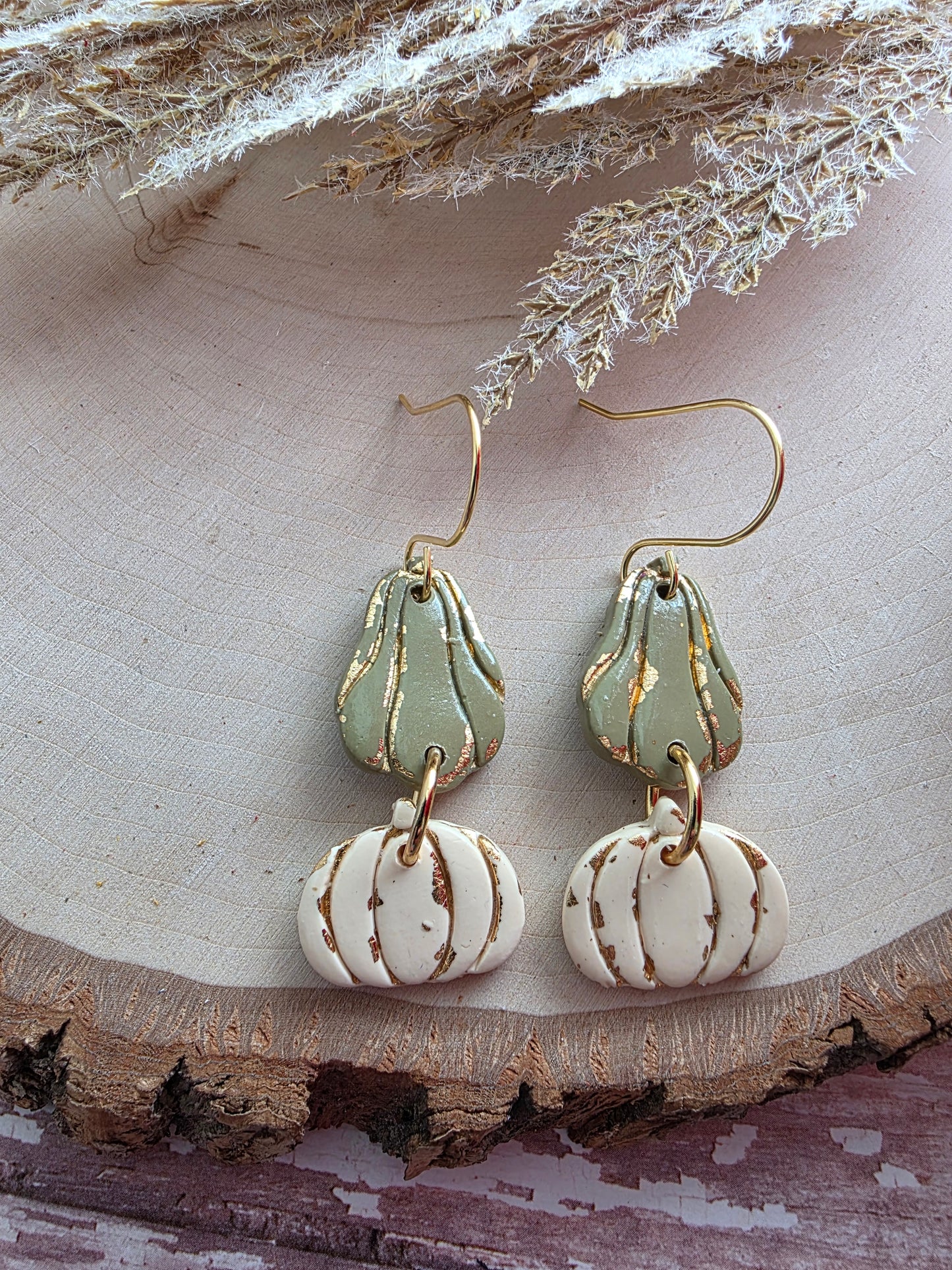 Green & Cream Stacked Goard Earrings - Polymer Clay