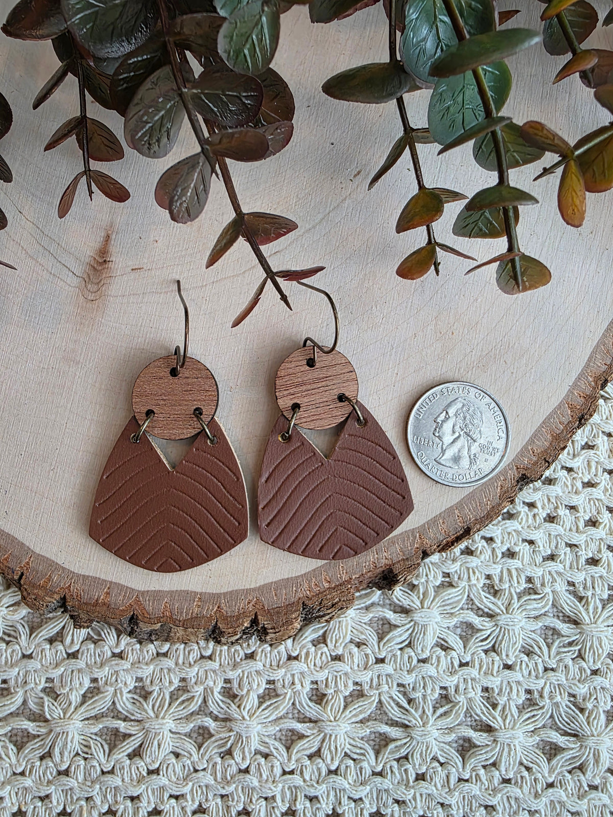 Geometric Boho Embossed Chevron Earrings - Dark Brown