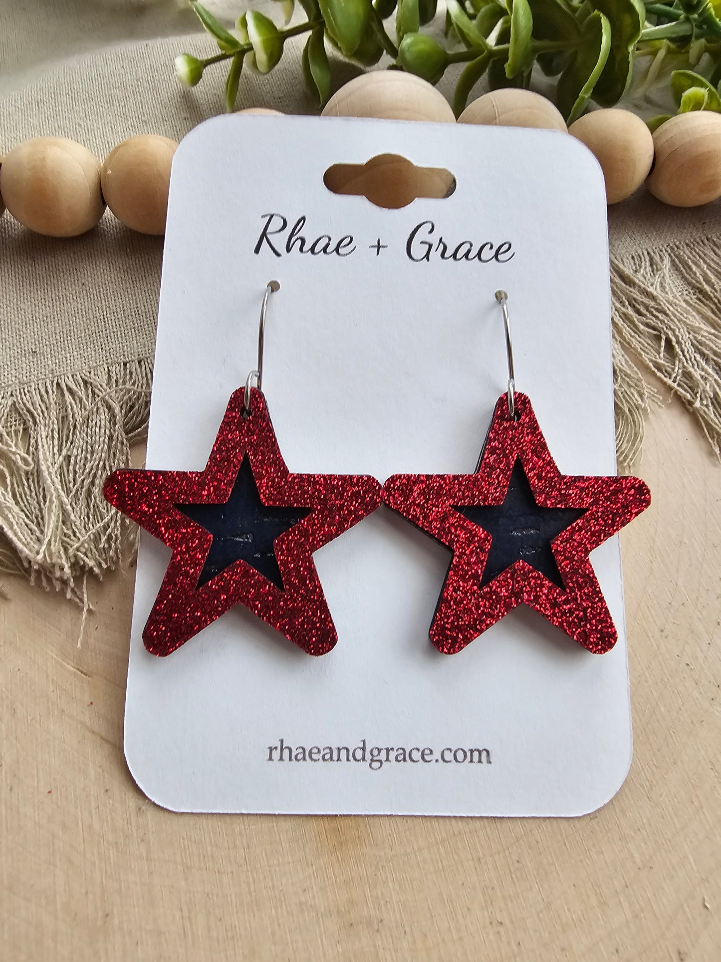 Red Glitter & Blue Layered Star Earrings