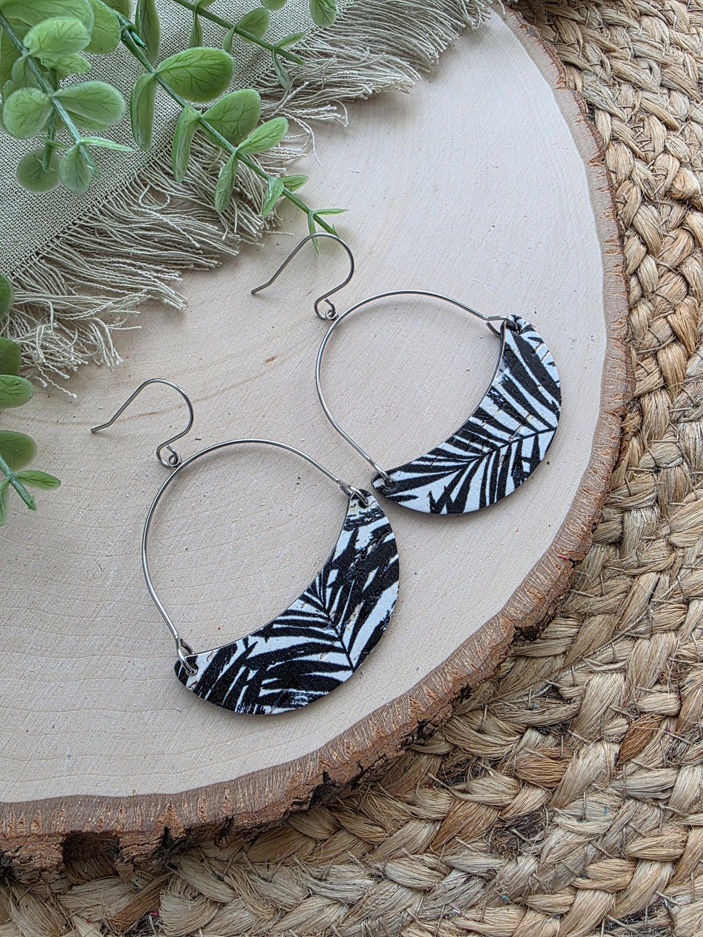 Monochrome Palms Crescent Hoop Leather Earrings