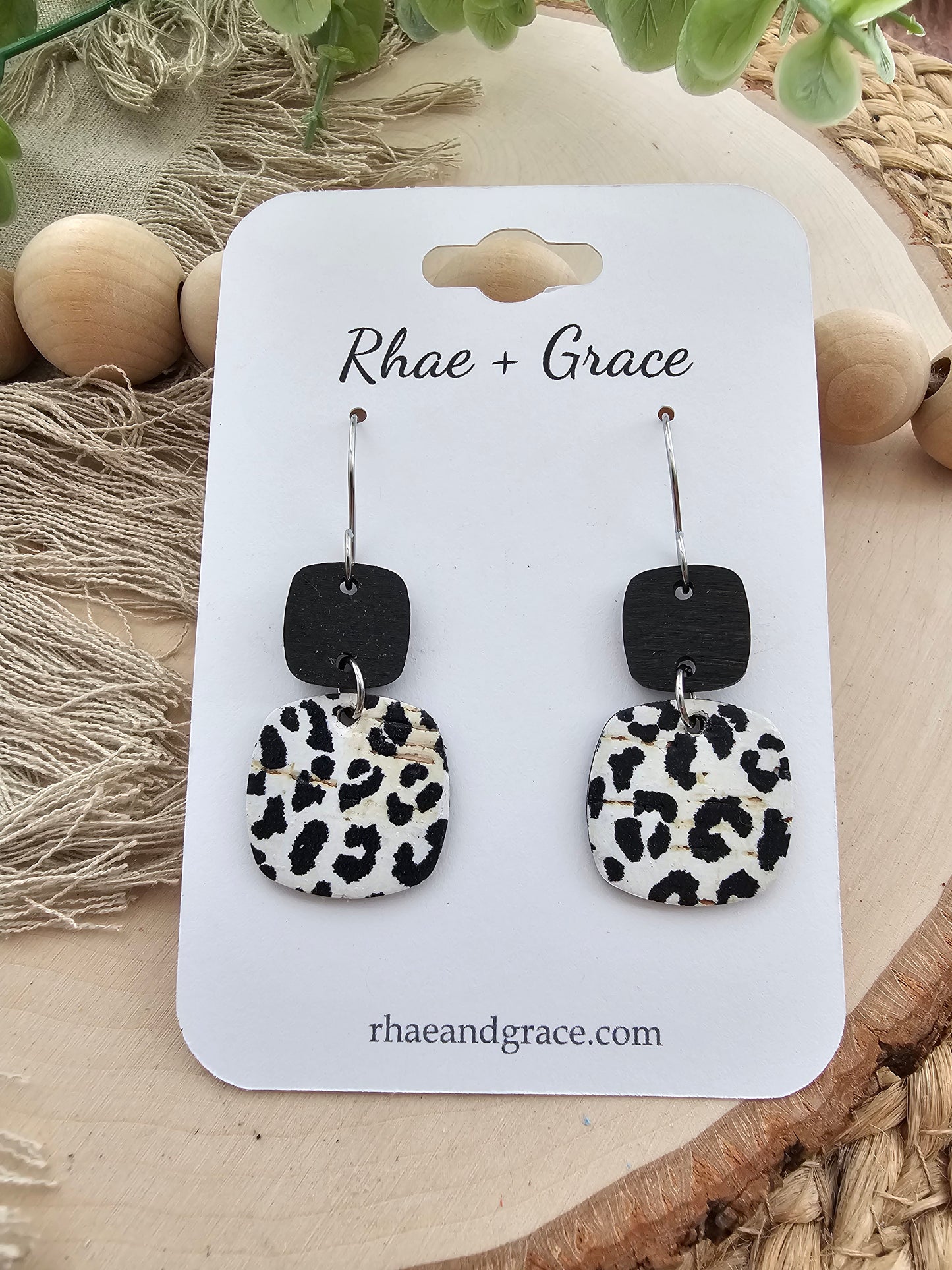 Black & White Snow Leopard Print Rounded Square Earrings