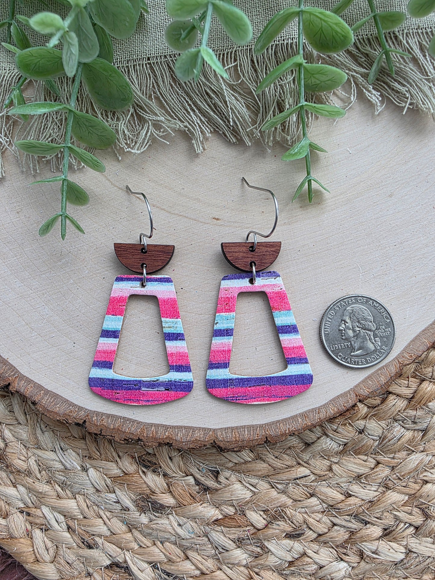 Pink & Purple Striped Open Trapezoid Earrings