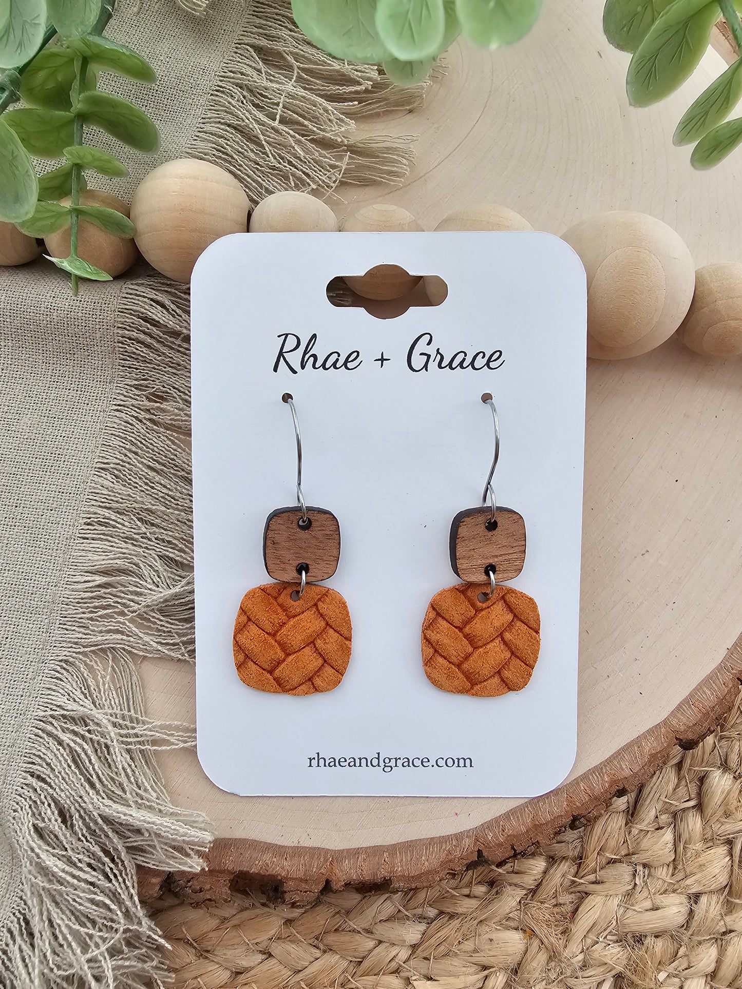 Ginger Orange Embossed Braid Rounded Square Earrings