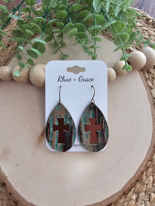 Rustic Teal Beachwood & Bronze Layered Cross Teardrop Earrings