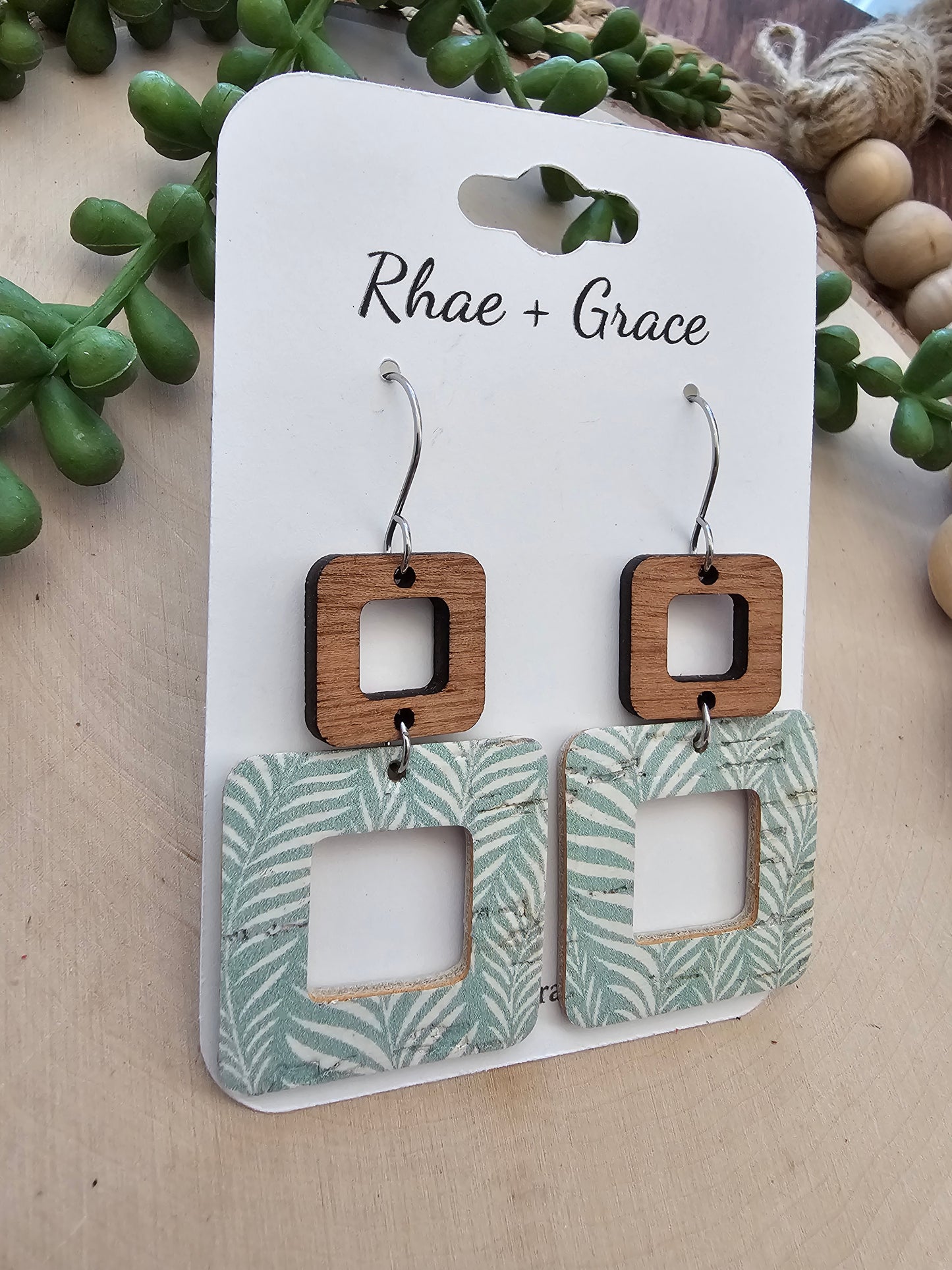 Seafoam Foliage Rounded Square Cutout Earrings